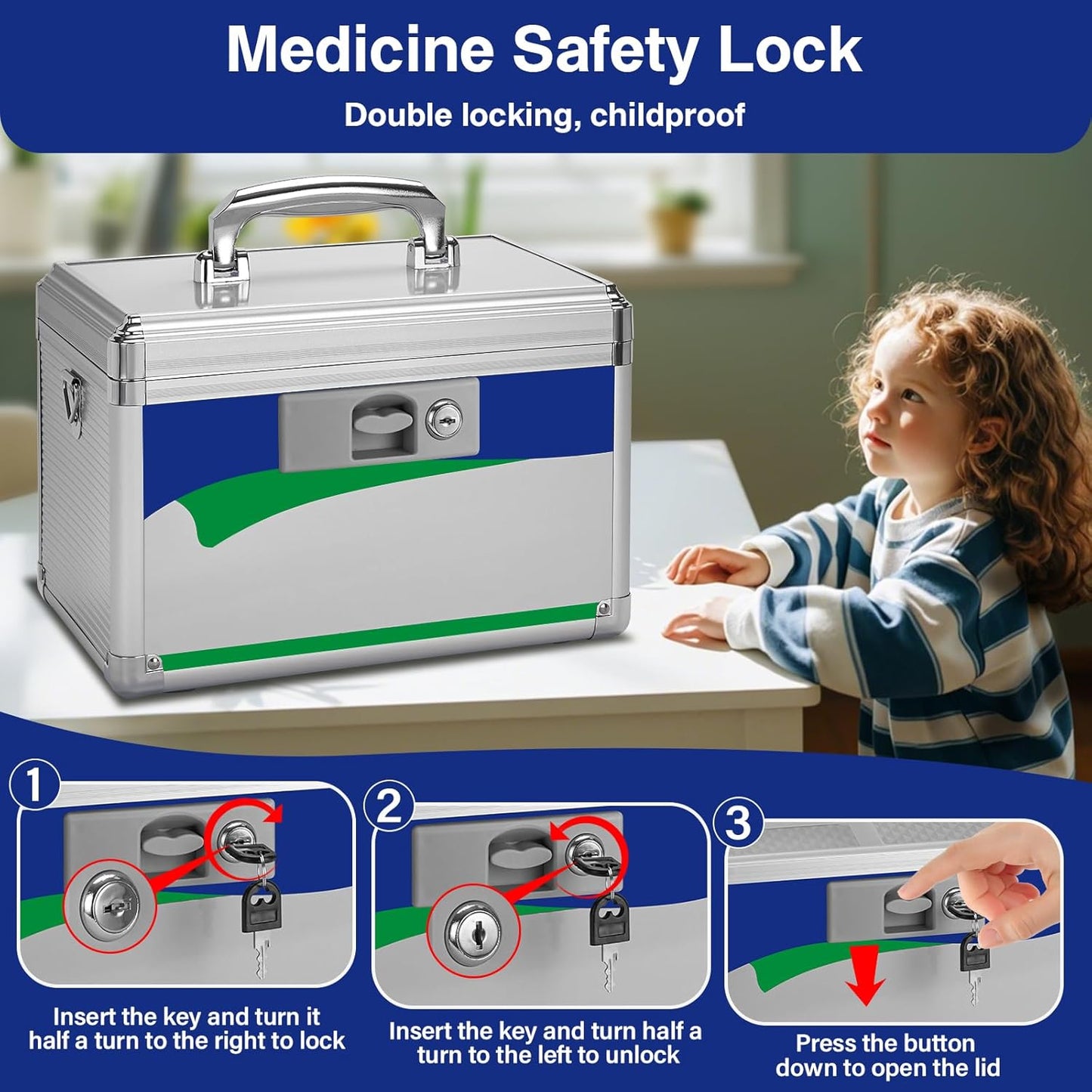 Medicine Lock Box for Safe Medication - 11.2 x 7.6 x 7.6 Inches - Lockable Storage Box for Drugs, First Aid Kit Empty, Lock Boxes with Key for Home/Outdoor (Blue/Medium)