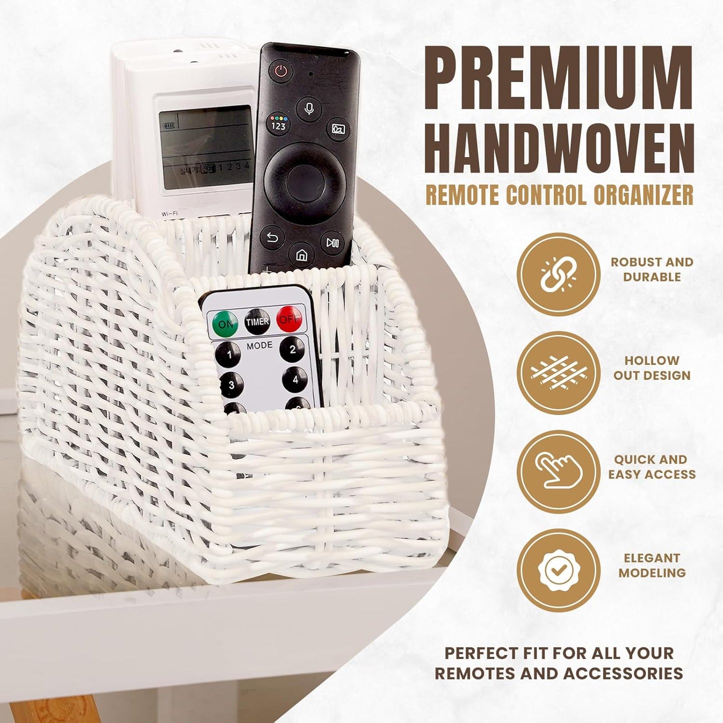 5-Compartment Remote Control Holder – Synthetic Rattan Organizer for TV Remotes, Makeup Brushes, Office Supplies, Stylish Wicker Desk Caddy for Living Room, Bedroom, Office, Patent Pending (White)