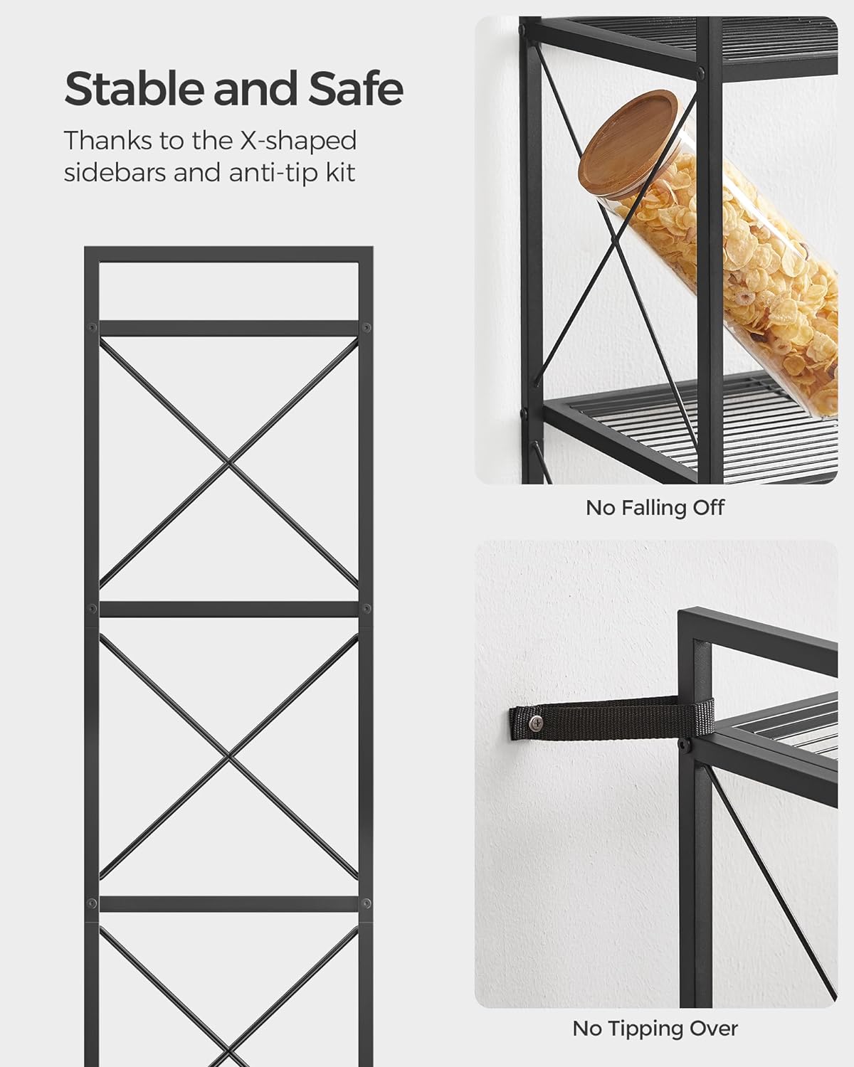 SONGMICS 4-Tier Metal Storage Rack, Shelving Unit with X Side Frames, Dense Mesh, 12.6 x 23.6 x 44.3 Inches, for Entryway, Kitchen, Living Room, Bathroom, Industrial Style, Ink Black UBSC164B01