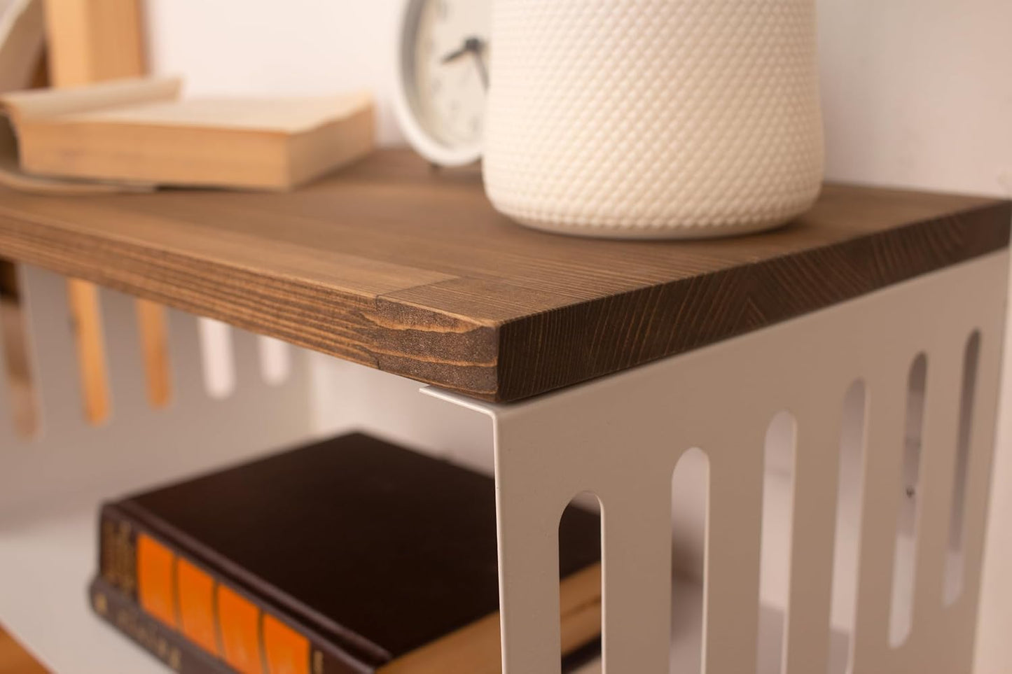 Floating Nightstand with White Metal Base, Wooden Top and Sturdy Metal Base, Minimalist Bedside Table, Wall Mounted Shelf, Bedside Shelf (Vancouver)