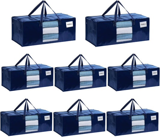 VENO 8 Pack Moving Bags Extra Large Storage Bags for College Move-In, Heavy-Duty Storage Totes, Packing Boxes, and Wardrobe Moving Supplies - Durable Laundry Bags for Clothes (Blue w/Window, 8 Pack)
