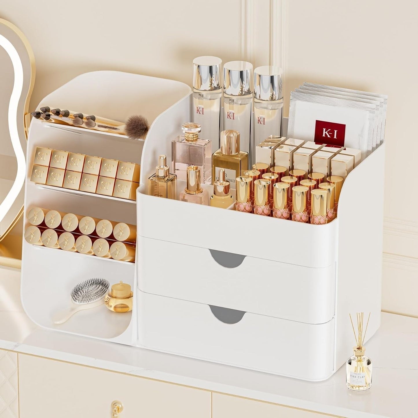 Makeup Organizer with Drawers,Large Capacity Countertop Organizer for Vanity,Bathroom and Bedroom Desk Cosmetics Organizer,Easy To Storage Skincare,Brushes, Eyeshadow,Lipstick (All Green, Large)