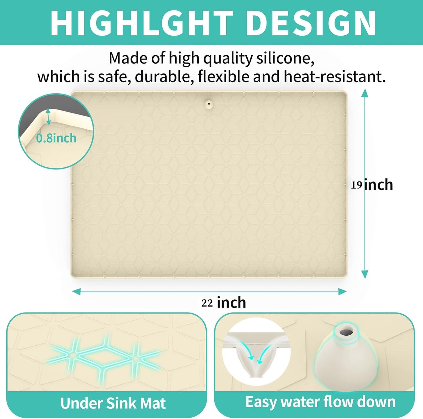 Under Sink Mat, 19"x22" Under Sink Mats for Kitchen, Silicone Waterproof Under Sink Liner, Sink Cabinet Organizer Tray with Drain Hole (Beige, 19X22)