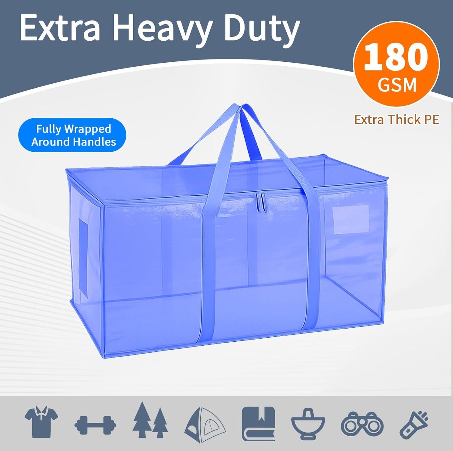 12 Pack-Extra Large Heavy Duty Moving Bags - Waterproof Storage Totes with Handles & Zippers, Foldable for College Dorm, Storage (Blue)
