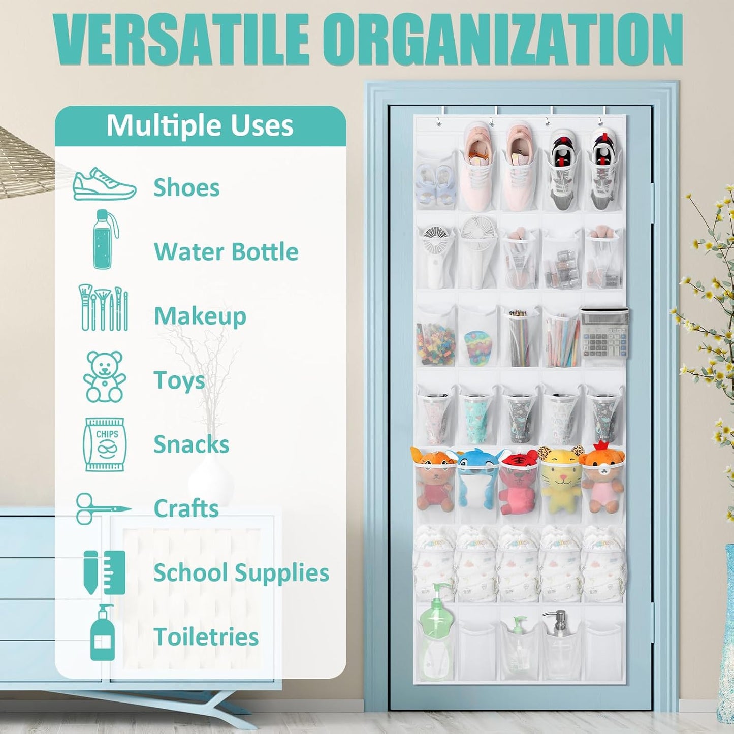 Tiblue Over The Door Shoe Organizer 35 Mesh Pockets Hanging Shoe Organizer Shoe Rack For Door Closet Entryway Bedroom Pantry Organizer - Shoe Holder Hanger For Sneakers, Women High Heeled Shoes White