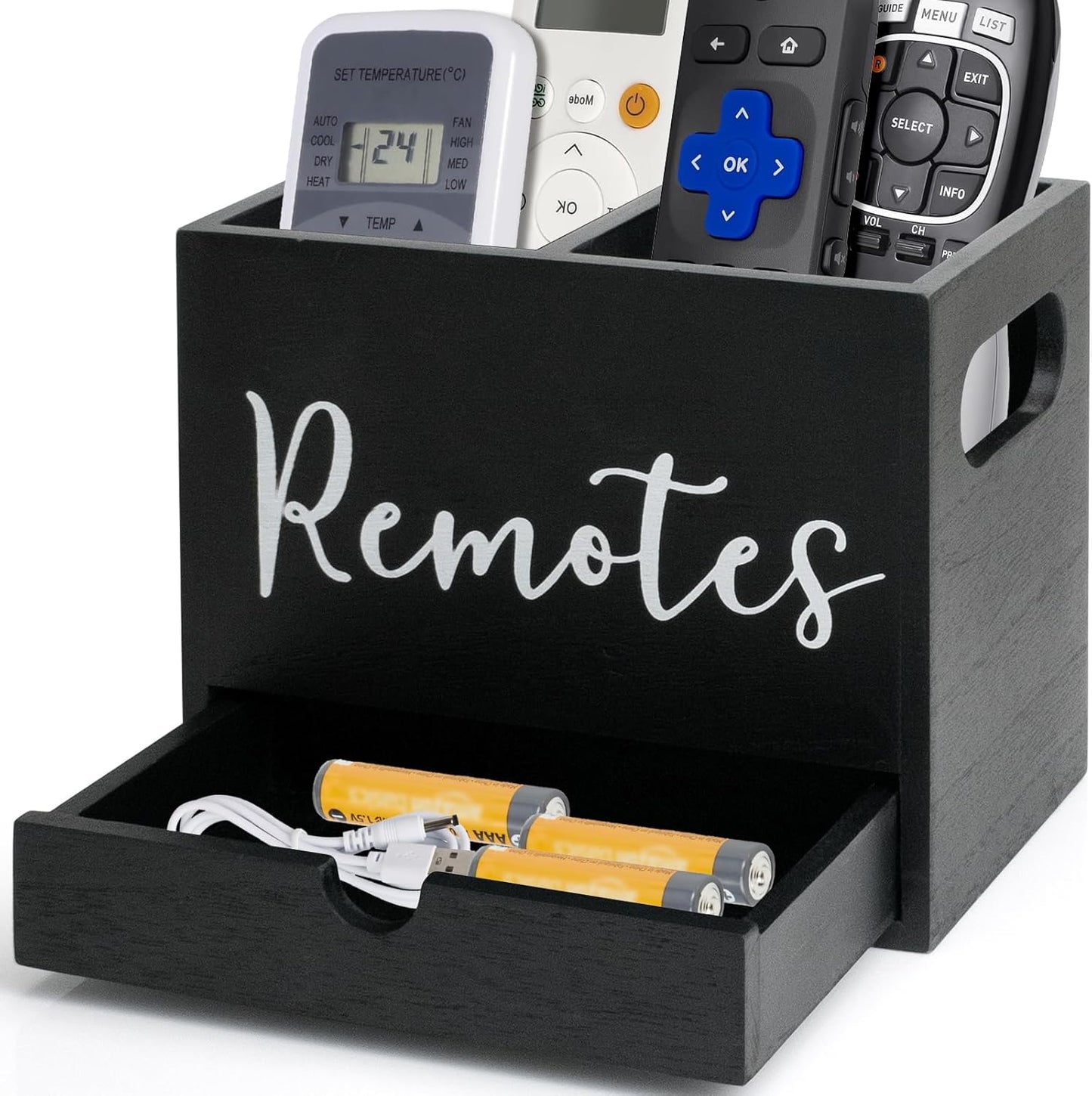 Remote Control Holder, Wooden TV Controller Holder, Desk Organizer with 2 Compartment and Drawers for TV & Office Supplies, Ideal for Tabletop (Black)