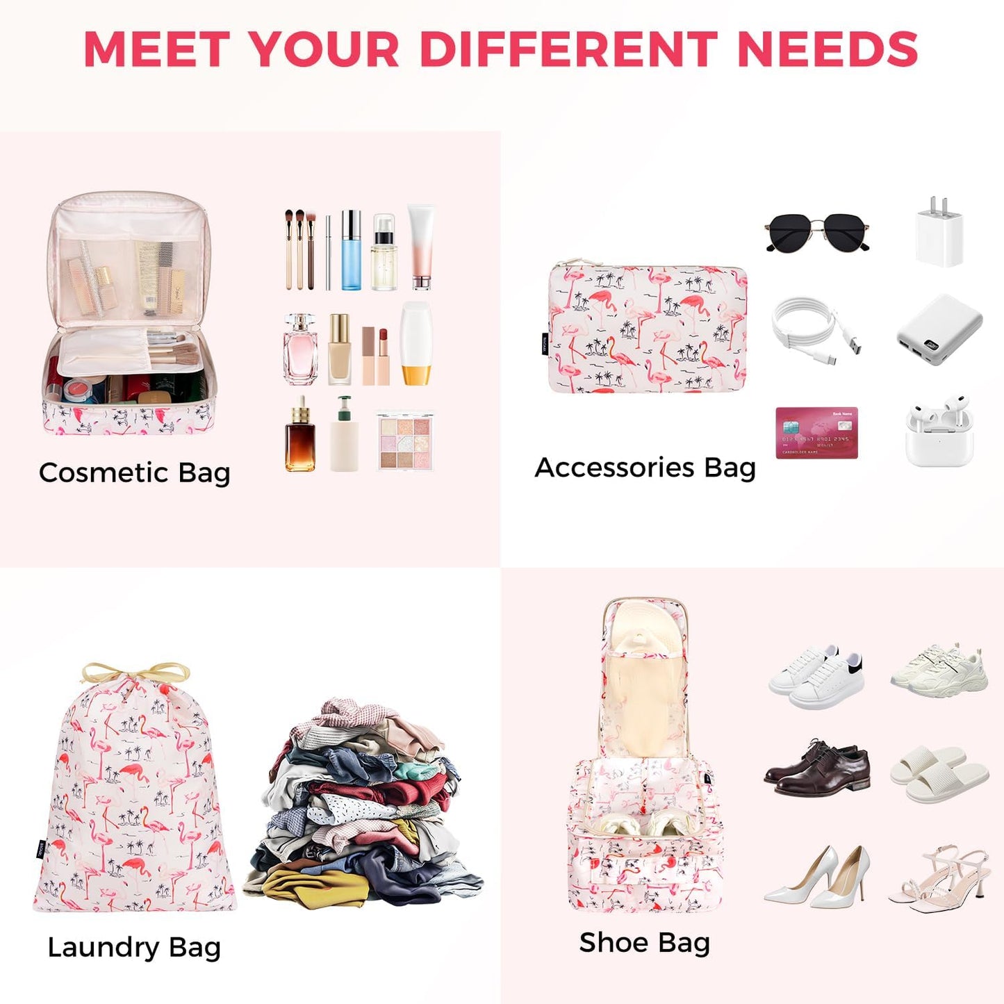BAGAIL 8 Set Packing Cubes Luggage Packing Organizer Bags for Travel Accessories-Pink Flamingo