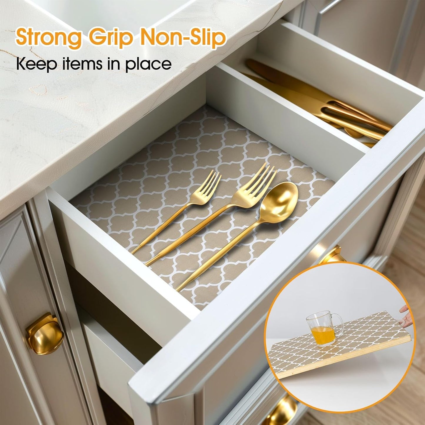 Shelf and Drawer Liner for Kitchen Cabinets Non-Adhesive, Strong Grip Non-Slip Thickened Cabinet Liners for Shelves, Waterproof Mats for Dresser Cupboard, Beige, 23 in x 30 Feet