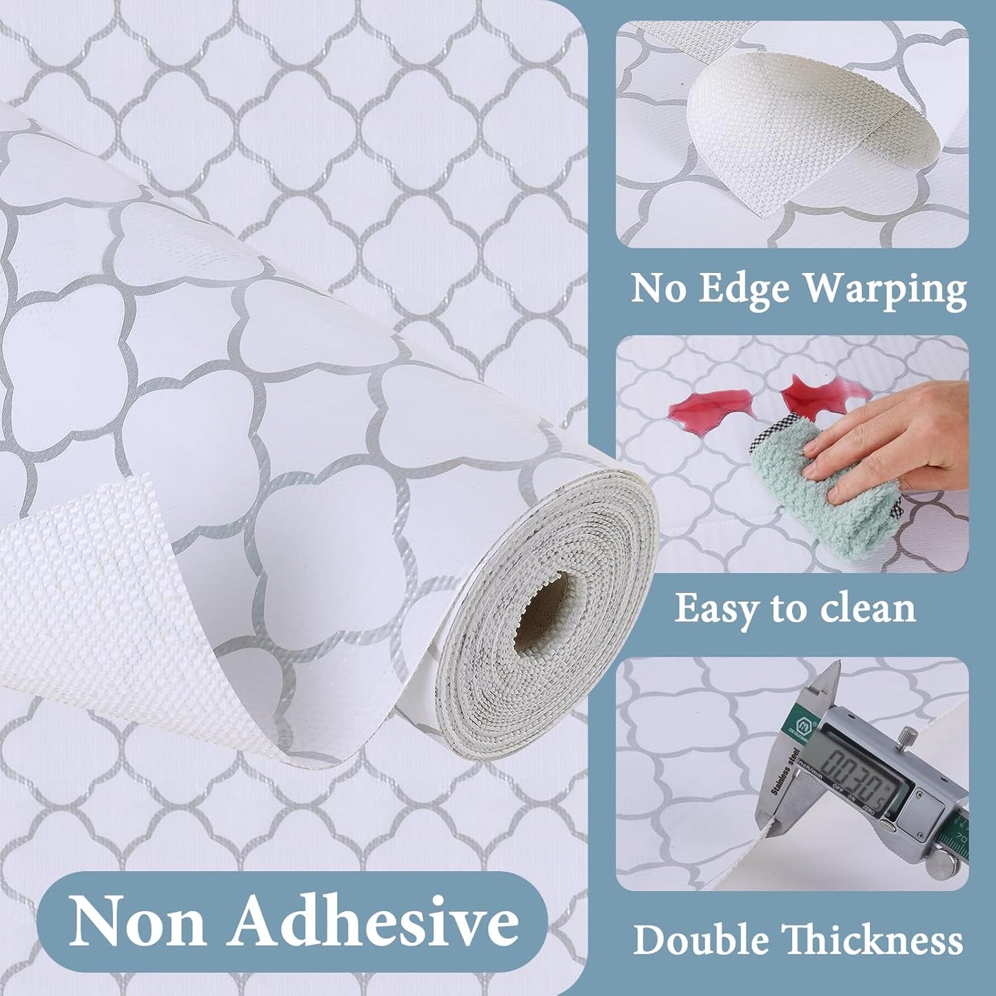 Shelf Drawer Liners for Kitchen Cabinets Non Adhesive Drawer Liner Thickened Refrigerator Liner Silver Quatrefoil Strong Non-Slip Paper for Tool Box with Knife and Tape Measure,23.6 x 354.3 Inches