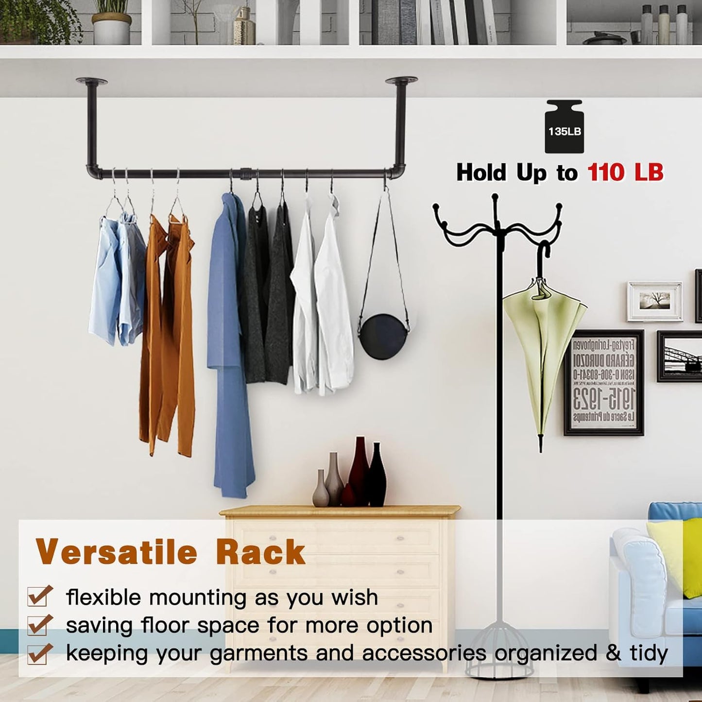 Wall Mounted Clothes Rack - 54"Industrial Pipe Clothing Garment Rack, Space - Saving Heavy Duty Detachable Black Iron Clothes Hanger Pole, Multi-Purpose Hanging Rod for Closet Storage, 2 Base