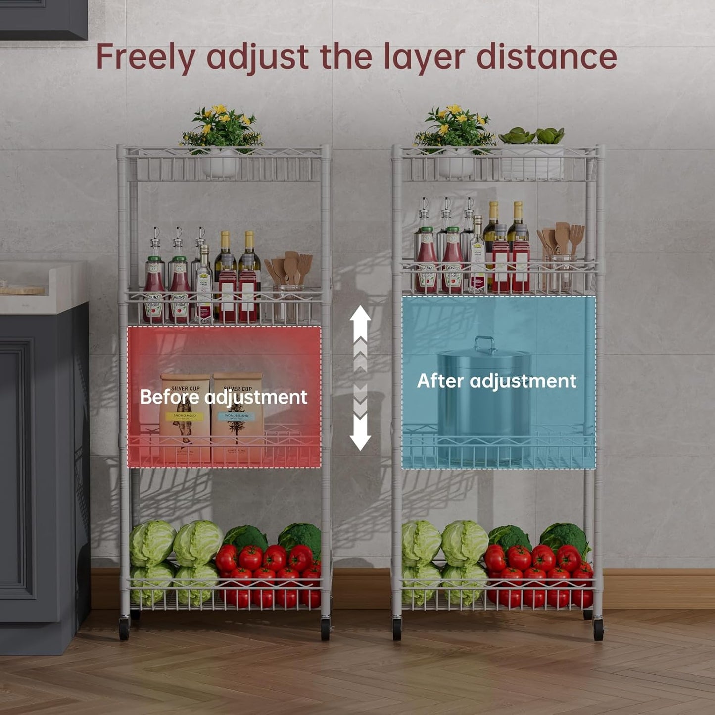 4 Tier Basket Shelf Wire Shelving Unit Adjustable Storage Shelves Big Basket Rack for Garage Kitchen Office Pantry Corner 17.2" Dx12.2 Wx50 H White
