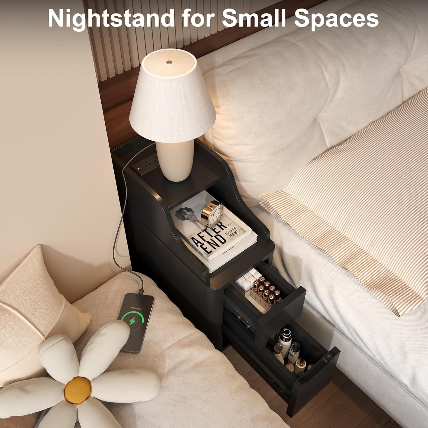 Narrow Nightstand with Drawers, Wood Night Stand with Charger Station, Narrow Bedside Table Modern Side Table Skinny End Table for Bedroom, Black