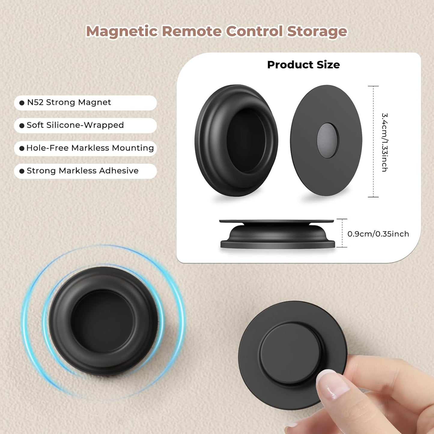 4Pcs Magnetic Remote Control Holder, Upgrades Silicone Wall Mount Self-Adhesive Remote Control Stand, Organizer Storage for Air Conditioner & TV Remotes, Caddy Back of Televisions (Black)