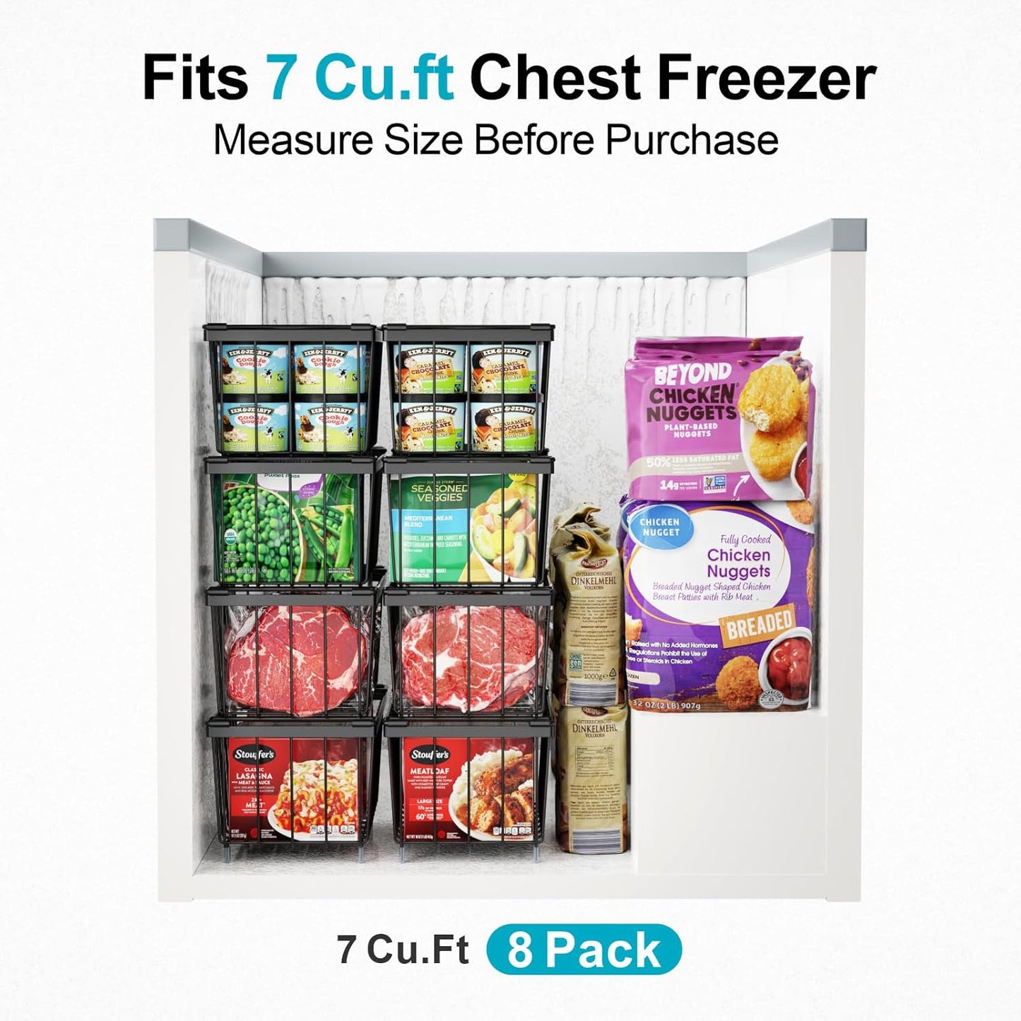 iSPECLE Freezer Organizer Bins - 8 Pack Small Stackable Deep Freezer Organizer Bins for 7 Cu.Ft Freezers Easy Get Bottom Foods without Digging, Chest Freezer Organizer Prevent Frozen Food Waste, Black