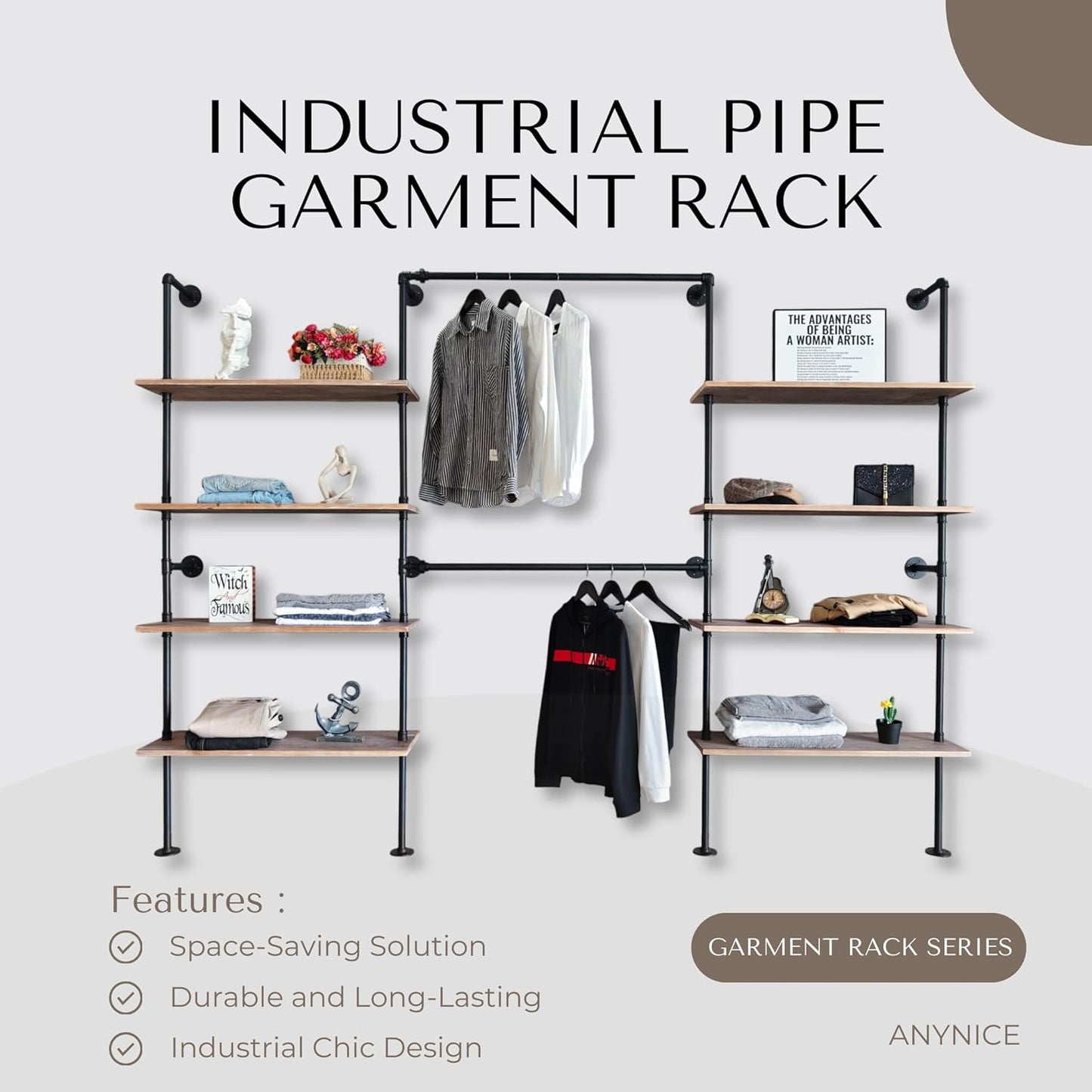 Industrial Pipe Clothing Rack, Wall Mounted Garment Hanging Rack with Shelves, 14.6x112.6x82.7 Inches, Model Y03