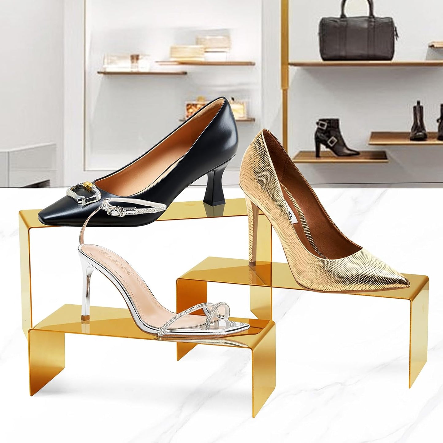 Bag Display Stand Set 3, Gold Purse Display ,Stainless Steel Heavy Duty Handbag Display Stand Shoe Rack For Wallets, Bags, Shoes, Perfume, Jewelry – Boutique & Retail Countertop Display