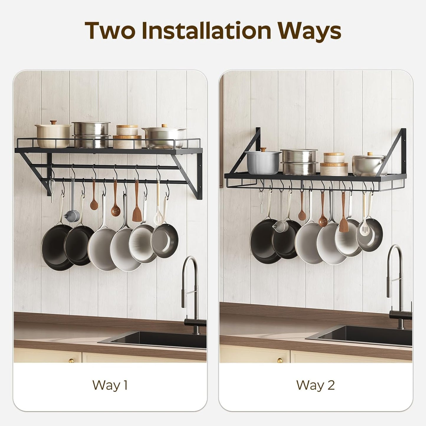 Pot Rack, 30 Inch Wall Mounted Pot Rack, Kitchen Pot and Pan Organizer with 2 Tier Hanging Rails, 12 S-Hooks, Space Saving, for Kitchen Cookware Organizer, Black PR02BK