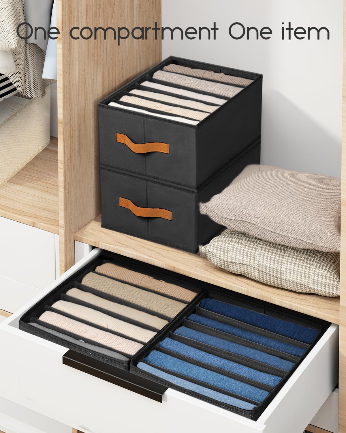 Closet Organizers and Storage - Fabric Clothes Organizer with Handles, Foldable Jeans Organizer for Clothes, Drawer Organizer for Shirts, Bra, Sweater, Scarf, 4 Pack, Black