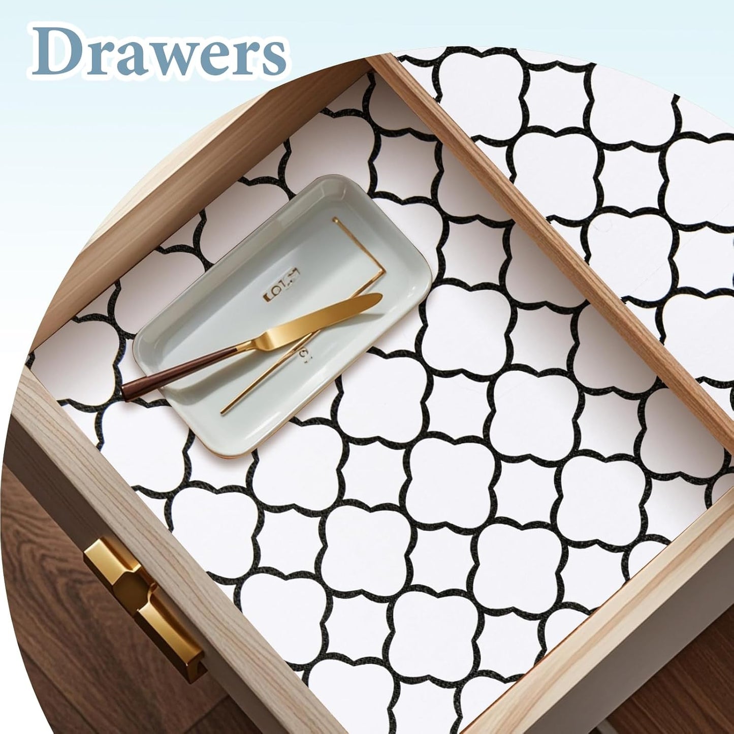 Shelf Drawer Liners for Kitchen Cabinets 17.3 x 236 Inches Non Adhesive Drawer Liner Thickened Refrigerator Liner Black Quatrefoil Strong Non-Slip Paper for Tool Box with Knife and Tape Measure
