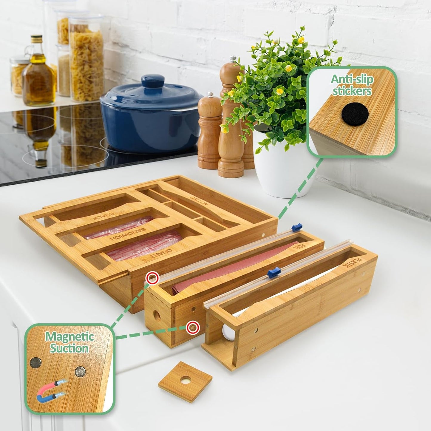 6-in-1 Magnetic Bamboo Drawer Organizer for Food Bags and Wraps Adjustable Compartment Storage with Dispenser and Cutter Fits Gallon Quart Sandwich and Snack Sizes