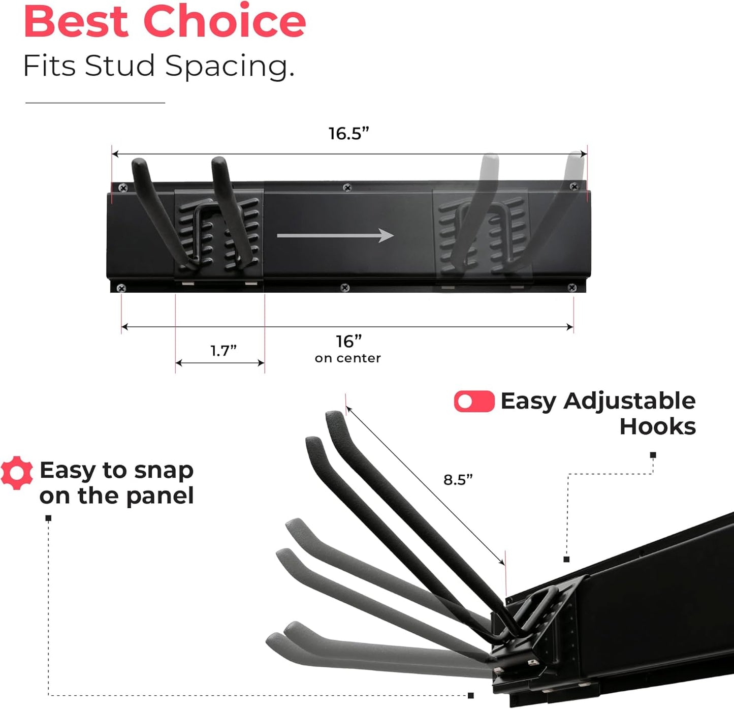 TIDYME Garage Tool Organizer Wall Mount - 64 inches - Sturdy Storage Rack with Adjustable Hooks, Anti-Rust - Easy Installation, 400lbs Capacity - Garden Tool Organizer (04 Racks & 08 Hooks)