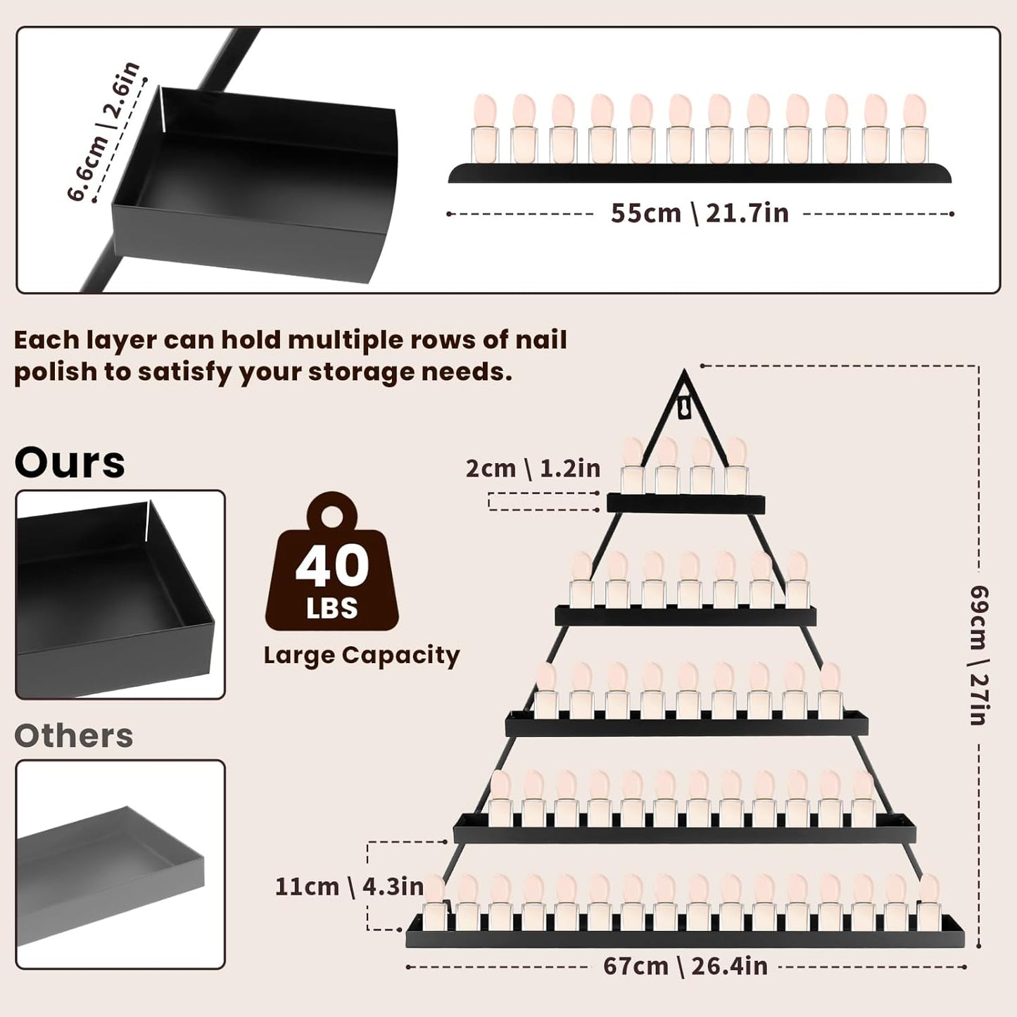 10PCS Nail Polish Rack Wall Mounted Shelf, 5 Tiers Black Triangular Display Rack, Cosmetic Display Cases, Lipstick Perfume Wall Shelf Essential Oil Organizer for Home Spa Nail Salon Shop (Black)