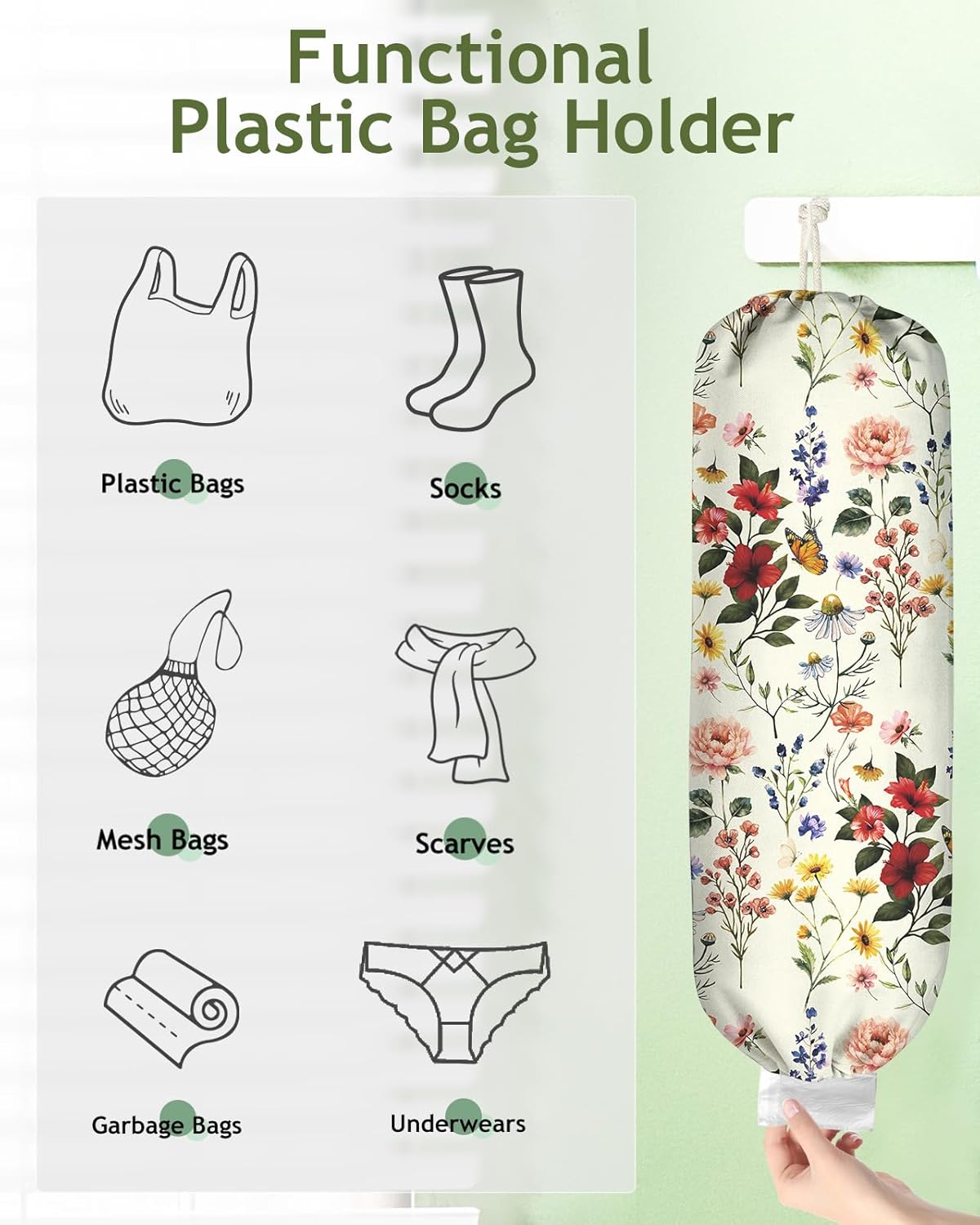Plastic Bag Holder, Grocery Bag Organizer - 1 Pack Cute Kitchen Dispenser Holders Reusable Shopping Western Hanging Wall with Adjustment Drawstring Closure for Women Home, Floral