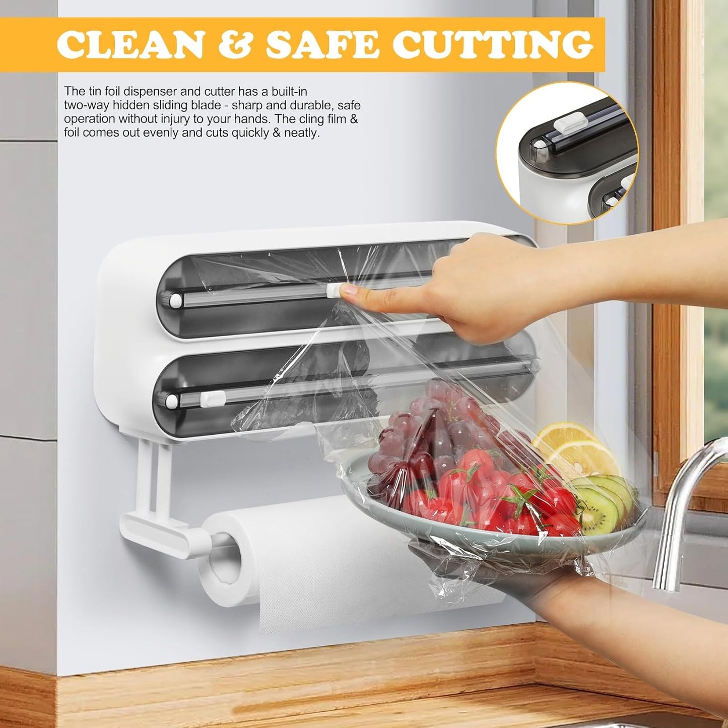 Magnetic Plastic Wrap Dispenser with Cutter - Refillable Tin Foil and Plastic Wrap Organizer for Kitchen, Aluminum Foil Dispenser with Paper Towel Holder Wall Mount - Fits 12" Roll, White