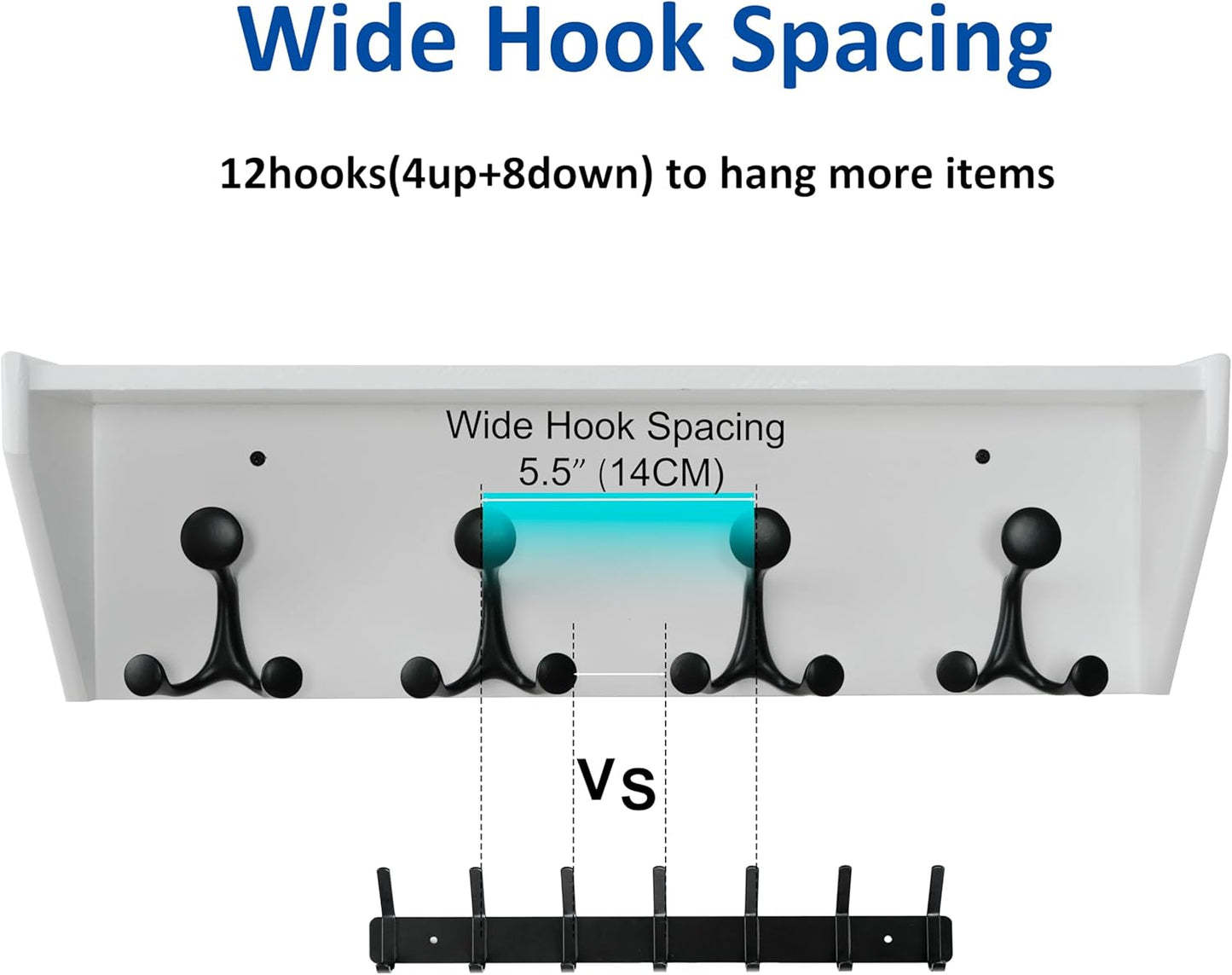 WEBI Wall Shelf with Hooks Underneath,24” Long Wall Mounted Coat Rack with Shelf,Entryway Coat Rack with 4 Triple Hooks for Hanging Coats,Jacket,Hallway,Bedroom,Mudroom,White