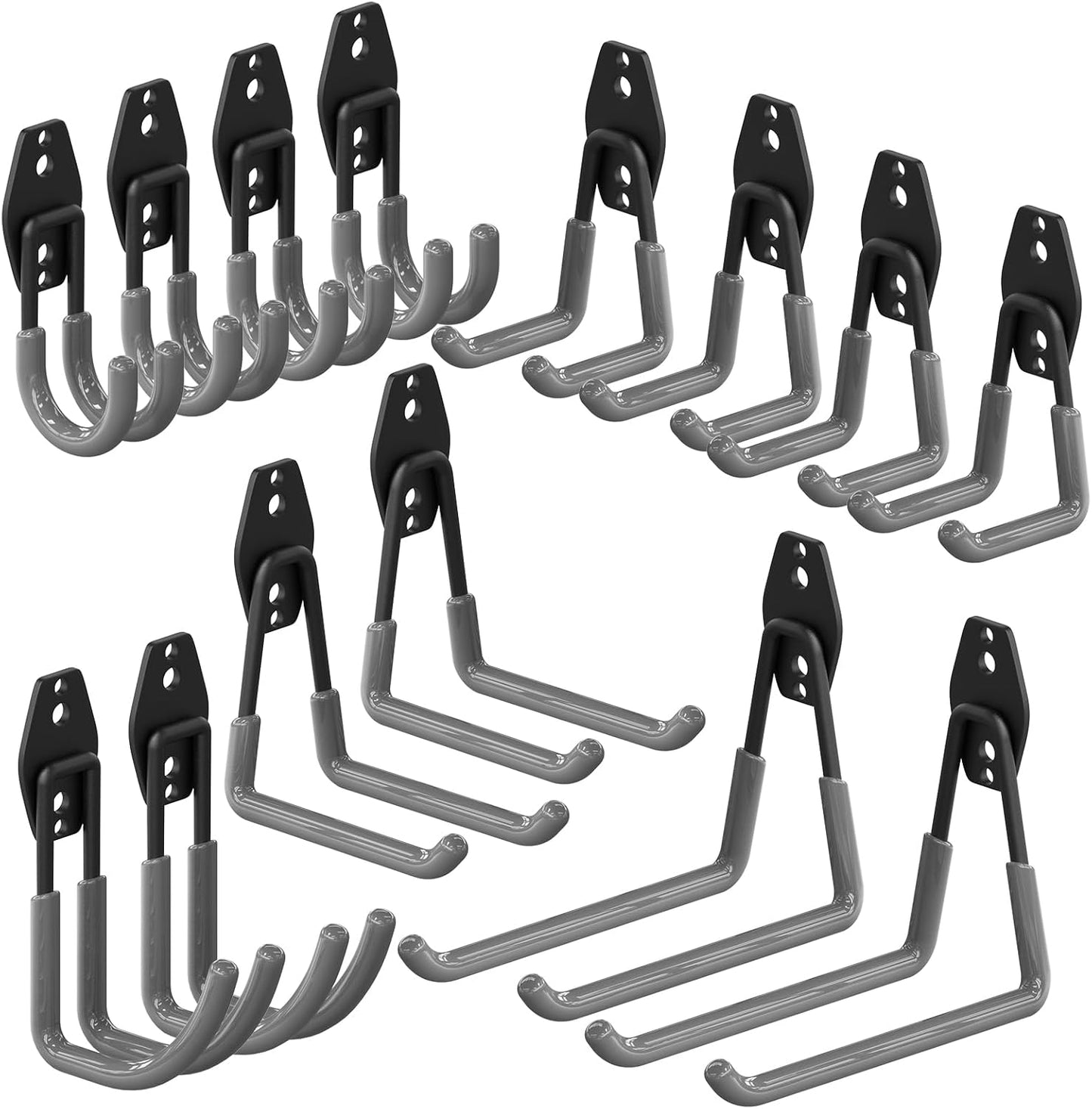 3-H Garage Wall Hooks 14 Pack, Garage Hooks Heavy Duty with Extra Welding Spots, Wall Mount Storage Organizer for Hanging Garden Lawn Tools Ladder Bike WeedEater Chair Shovel Blower (Grey)