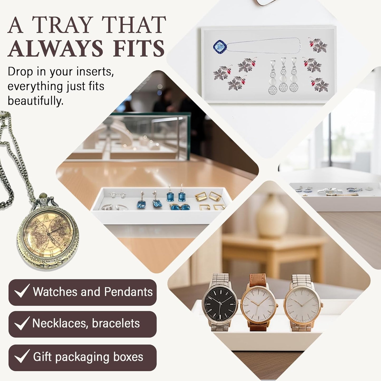 RJ Displays 6 Pack Stackable Jewelry Tray Set, Stackable Plastic Jewelry Organizer Tray, Jewelry Drawer Organizers, Drawers Inserts, Earring Organizer for Women Perfect Trays (White) 14.75x 8.25x1