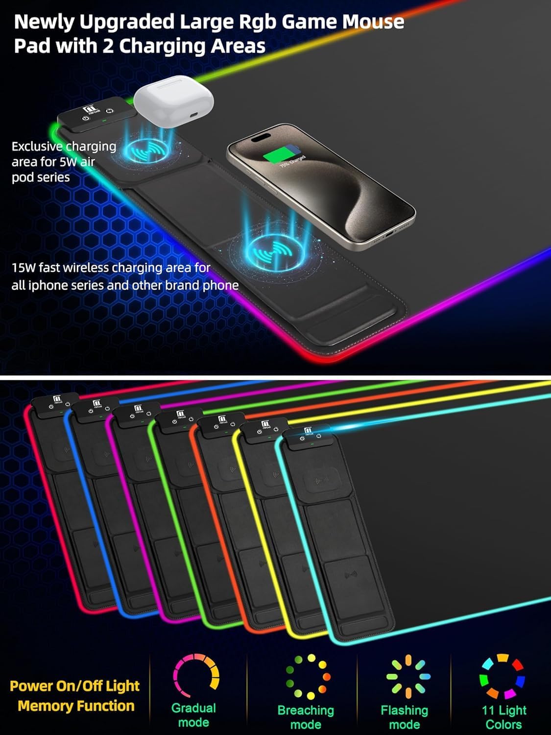 XXL Mouse Pad with Phone Holder, RGB Desk Mat with 15W Fast Charging, LED Large Gaming Mouse Pad with 11 Lights Colors, Long Mouse Pads, Waterproof Non-Slip Desk Pad for Gamer Esports Pros