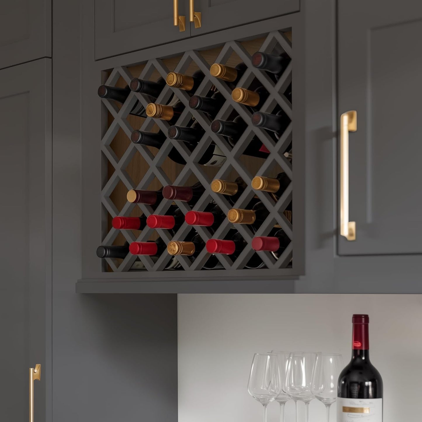 Solid Wood RTA Wine Bottle Rack Wall Cabinet With Lattice Panels - Holder Storage for Bar, Pantry, or Cellar - Mocha Finish Countertop Solution (Pebble Gray, 24"W 12"D 30"H)
