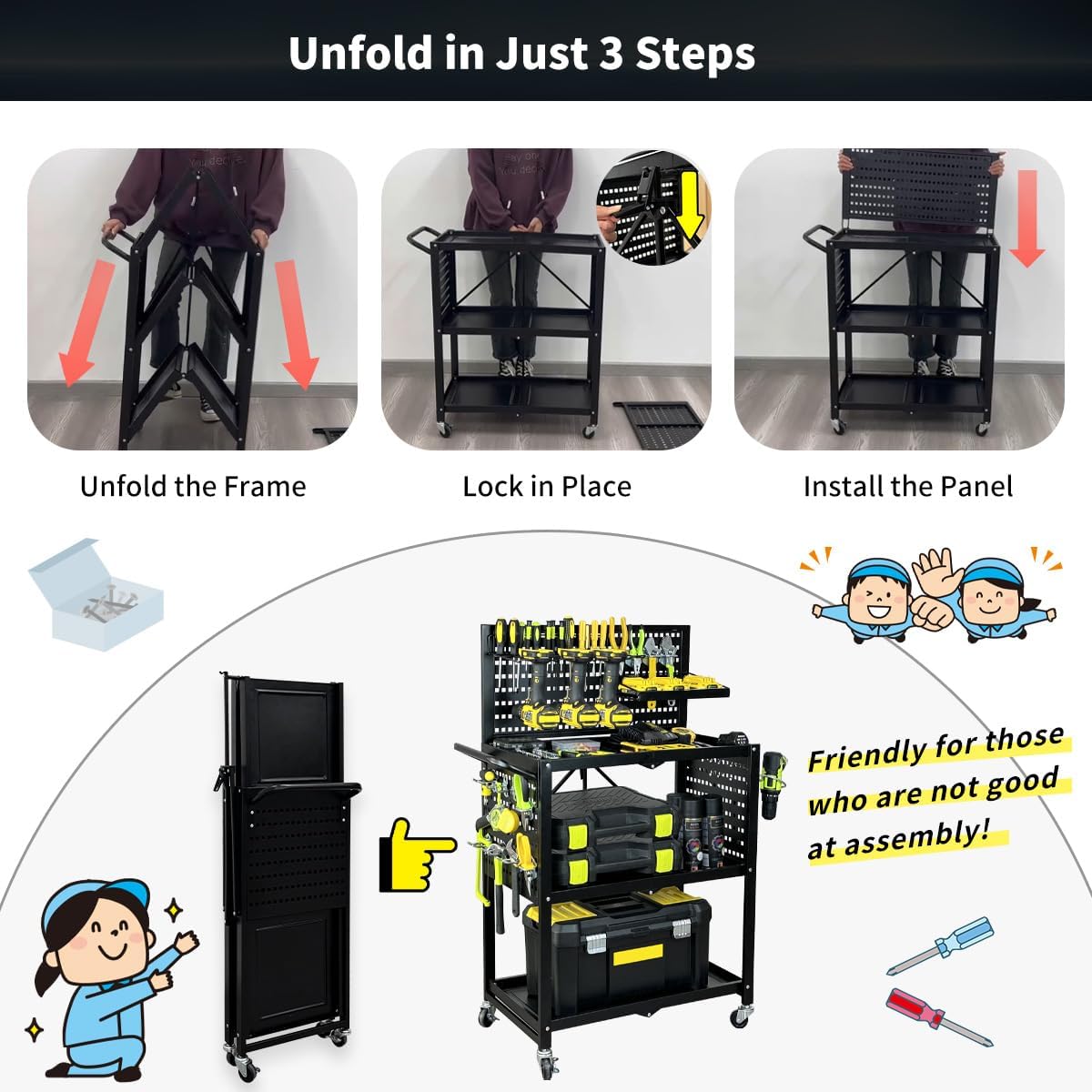 Lumizone Rolling Tool Cart with Wheels and Pegboard Hooks Folding Utility Service Cart for Garage Organizer Storage Foldable Power Tool Organization on Wheels Heavy Duty Frame (Tool Cart+Hooks)