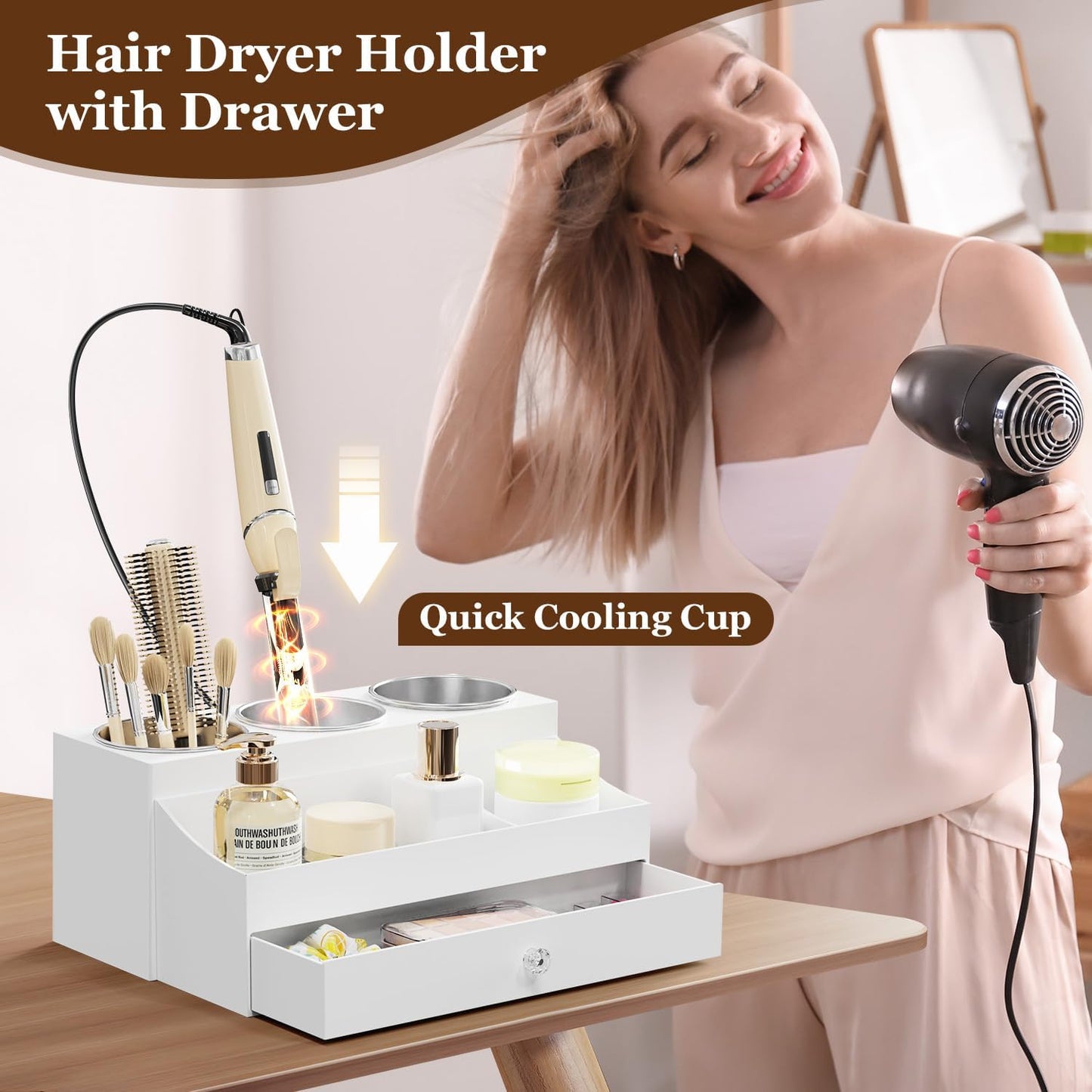 Acrylic Hair Dryer Holder with Drawer, Bathroom Organizer Countertop Drawers with 3 Stainless Cups, Makeup Vanity Accessories, Hair Hot Tools Organizer, Toiletry, White
