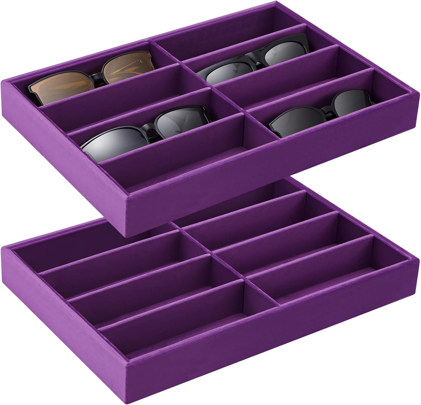 Amylove 2 Pcs Sunglass Organizer Trays Glasses Stackable Jewelry Trays Sunglass Organizer Display Box(8 Grids,Purple)