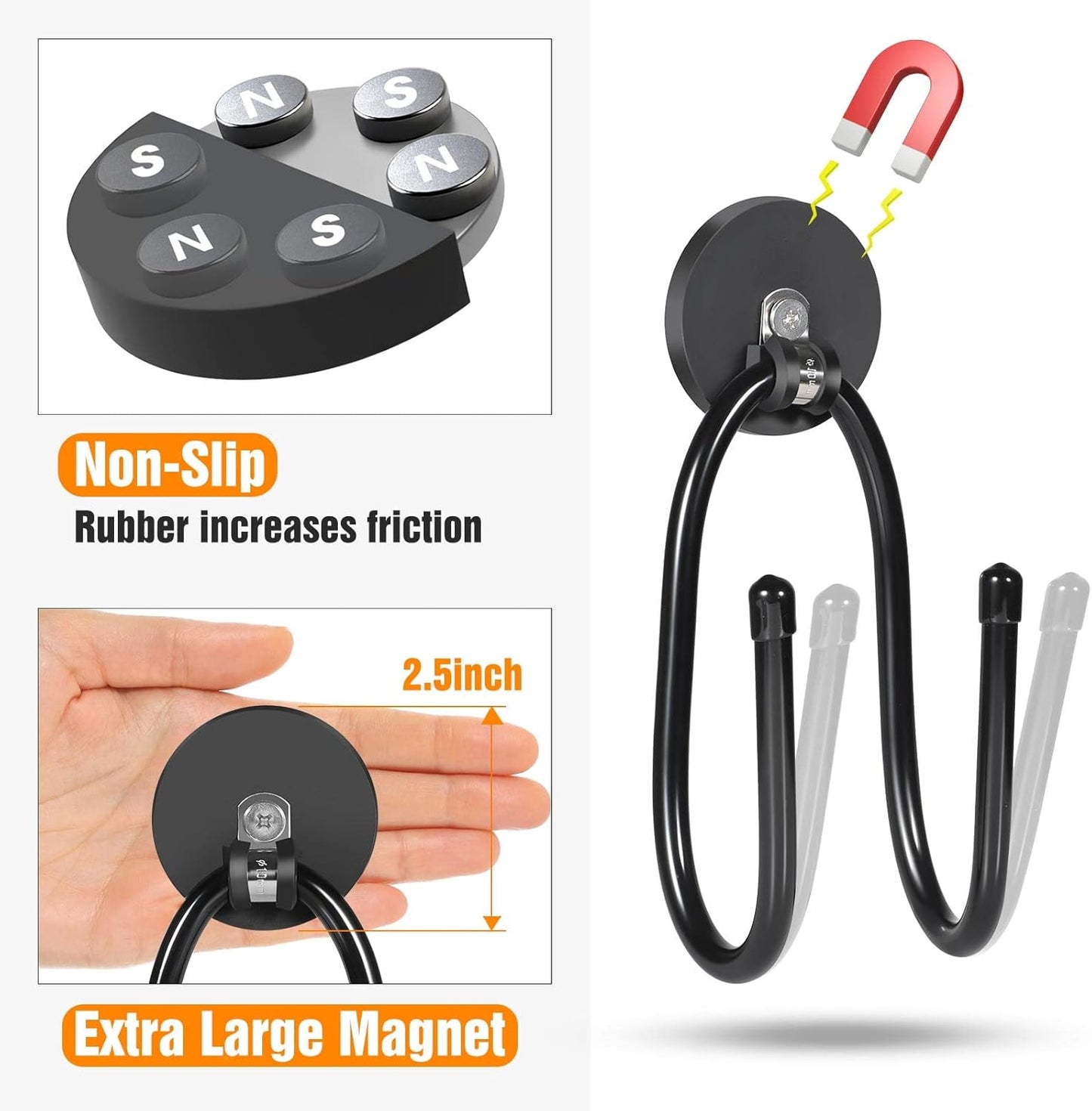 Strong Magnetic Hooks，Heavy Duty Storage Straps Tool Organizer for Extension Cords, Hoses, Cables, Ropes, Drills,Wall Mount for RV and Garage (2 PCS 50 Pounds) (Black-2PCS)