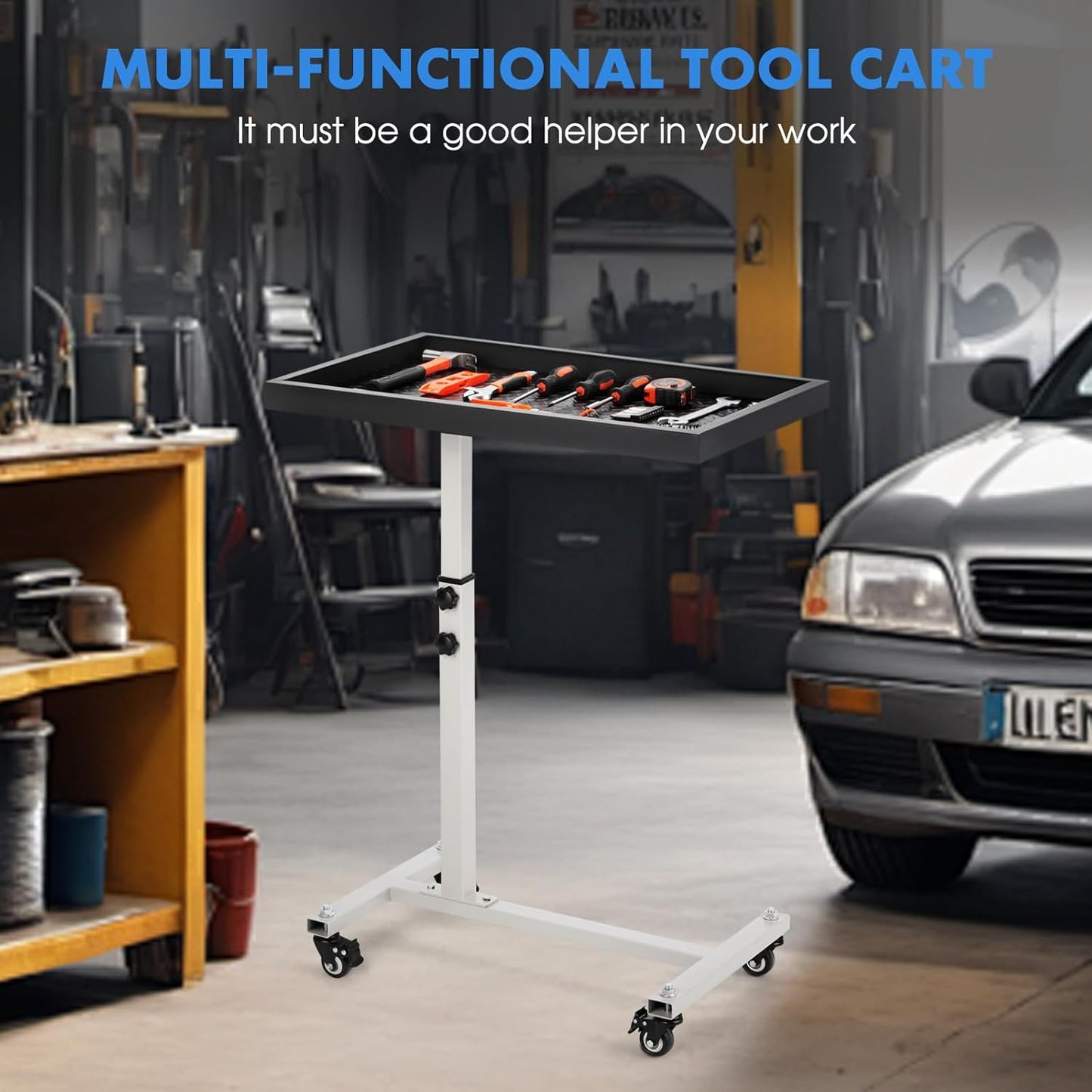 Adjustable Work Table with Wheels, Mechanic Rolling Tool Tray Table for Garage Repair Shops DIY, 220LBS Capacity Mobile Heavy Duty Steel Tool Cart (Gray)