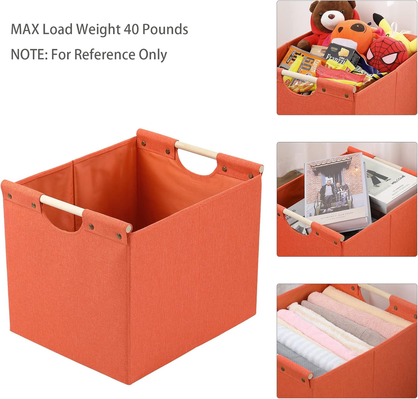 HOONEX Large Collapsible Storage Bins, Linen Fabric, Pack of 2, Storage Baskets with Wooden Carry Handles and Sturdy Heavy Cardboard, for Home, Office, Car, Nursery, Orange