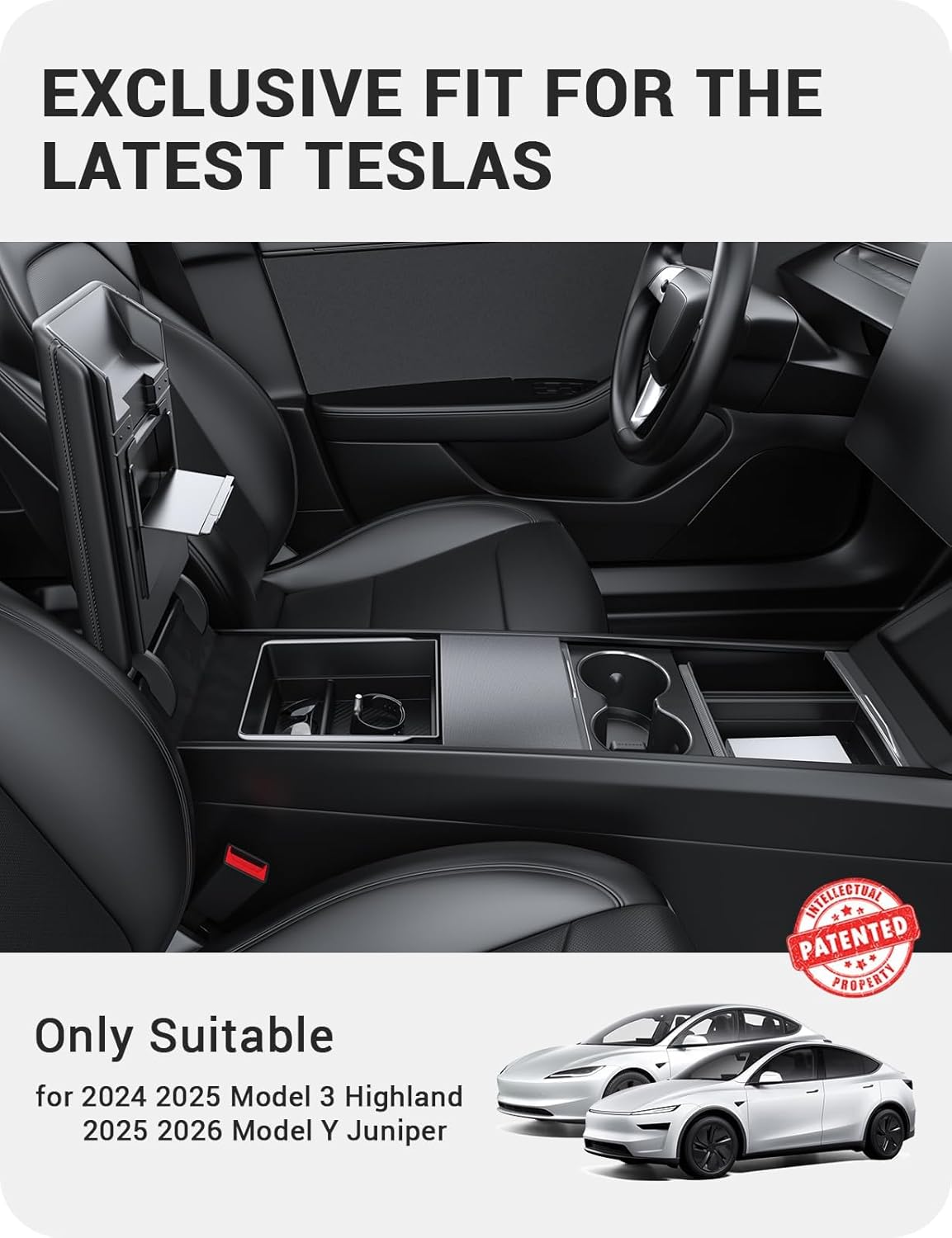 BASENOR 2026 Tesla Model Y Model 3 Center Console Organizer Tray, Cup Holder Armrest Hidden Storage Box for 2025 2026 Model Y Juniper 2024 2025 2026 Tesla 3 Highland (Standard/Premium/Performance)
