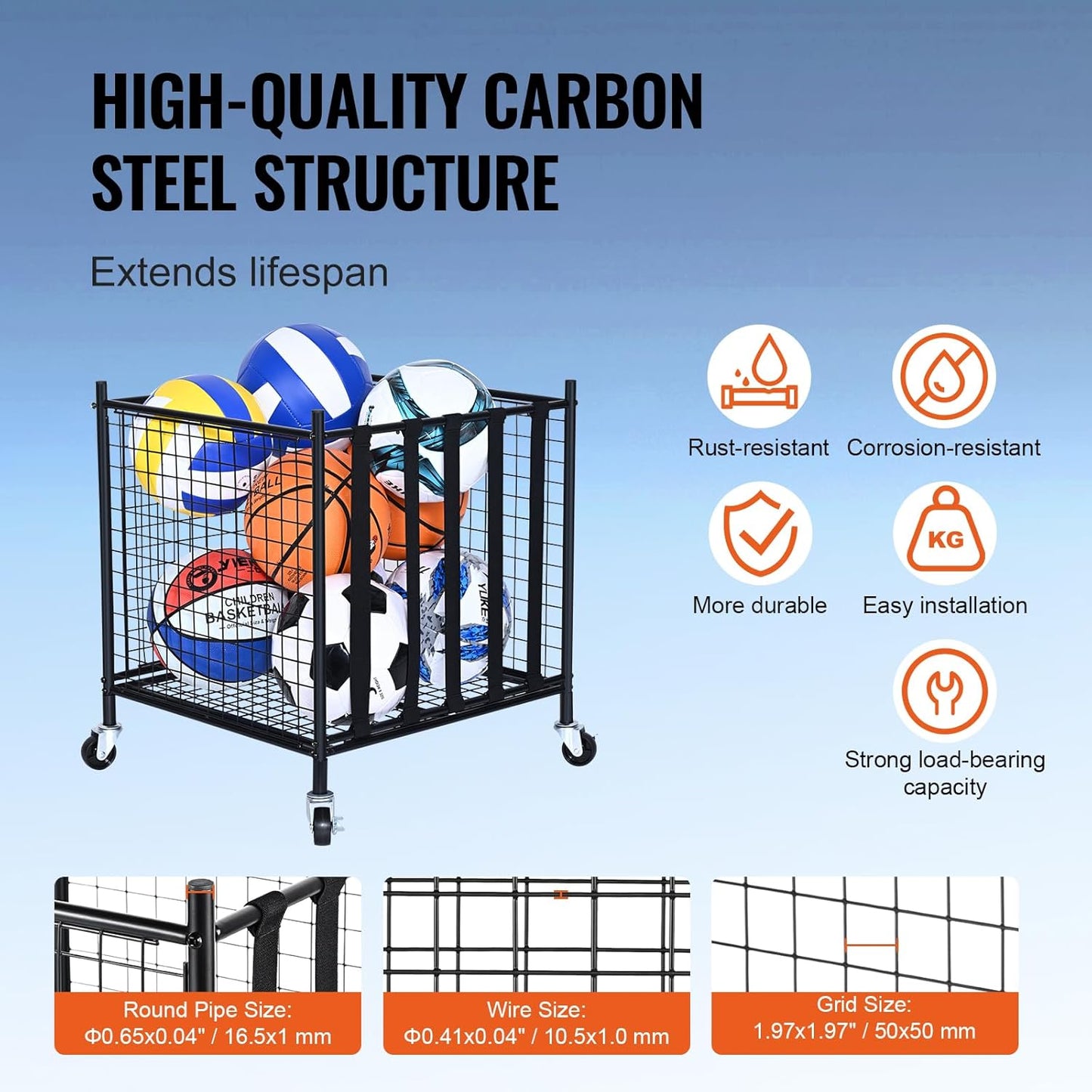 VEVOR Rolling Sports Ball Storage Cart, Lockable Basketball Cage with Double Lids, Sport Equipment Holder Organizer for Indoor Outdoor, Steel Storage Rack for Garages, Playgroup, Gym and Schools