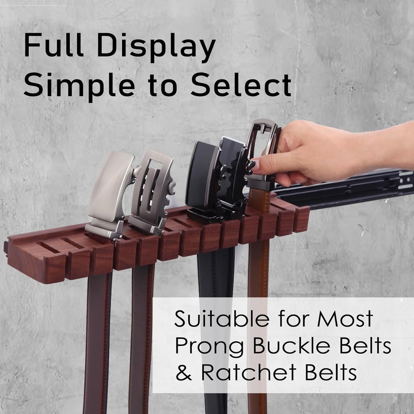 12 Belts Walnut Wood Belt Holder with Slide, Left or Right Slide Flexible Install Belt-Rack, Belt Hanger for Closet, Space Saving Belts Storage Organizer, Gift for Men