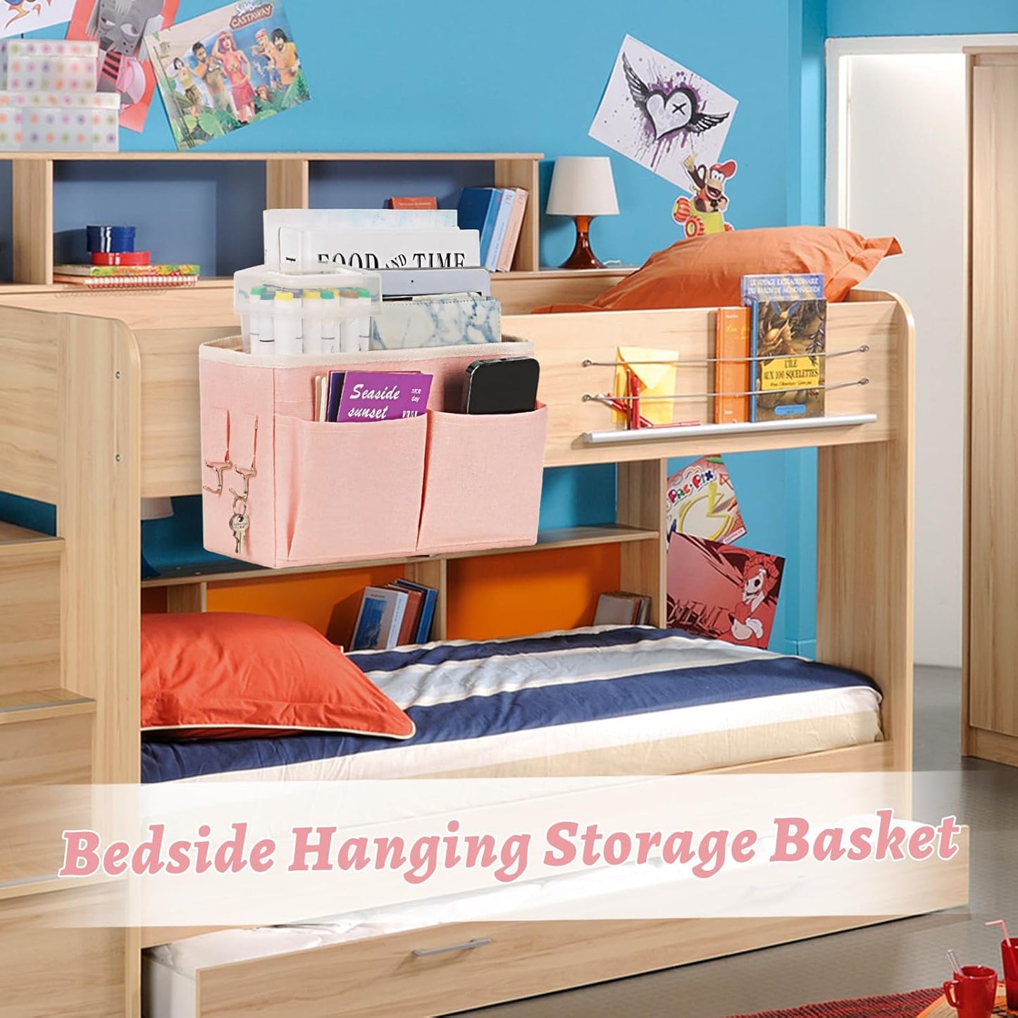 Bedside Caddy Hanging Storage with Water Bottle Holder for Bunk Bed Hospital Bed Dorm Rooms (Pink)