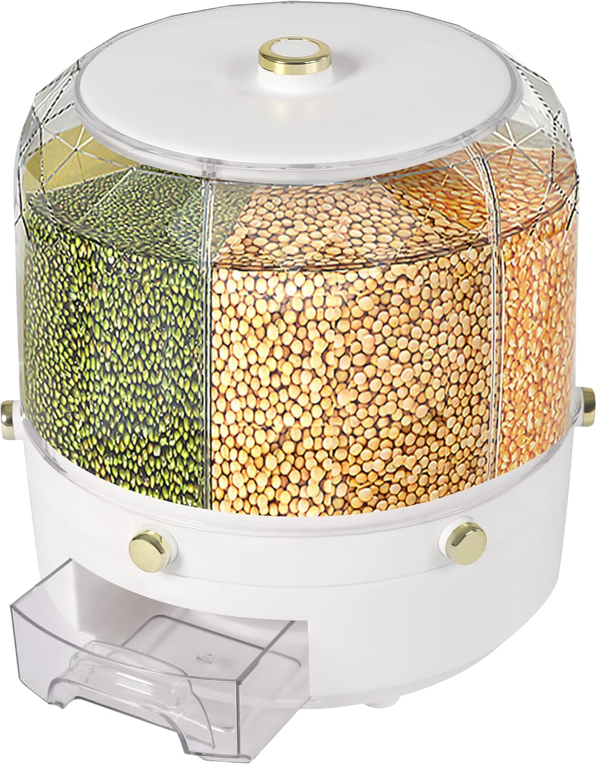 Cereal Dispenser Countertop 360° Rotating Grain Storage Container 13.2 Lbs Rice Dispenser 6 Grids Dry Food Dispenser Candy Dispensers Countertop for Small Grains, Beans, Rice