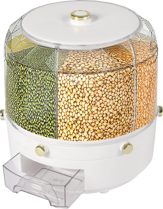 Cereal Dispenser Countertop 360° Rotating Grain Storage Container 13.2 Lbs Rice Dispenser 6 Grids Dry Food Dispenser Candy Dispensers Countertop for Small Grains, Beans, Rice