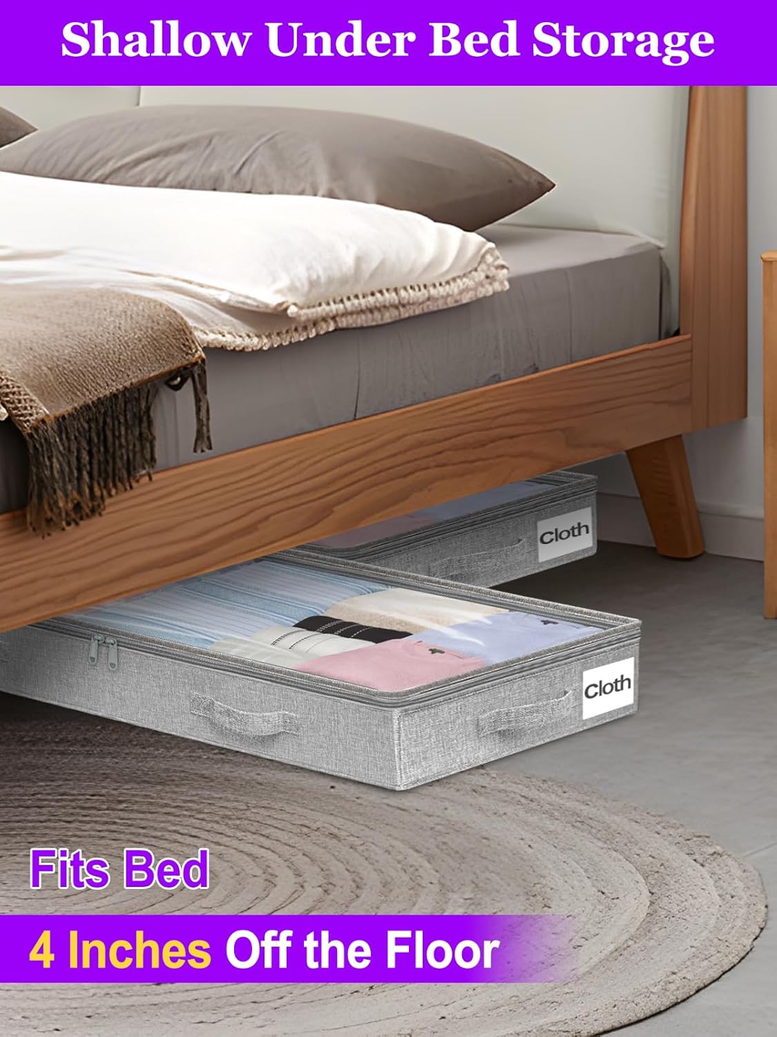 Under Bed Storage, Below 4 Inches High Underbed Storage Containers Low Profile, NO STRUCTURE, Foldable Shallow Storage Bags Bins Organizer Clothes with Clear Lid & Zipper, 2-Pack, 20x40x3.7in