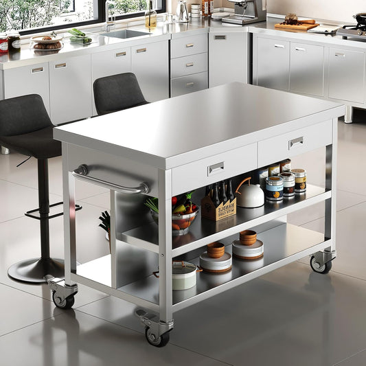 Stainless Steel Kitchen Island with Storage, Rolling Kitchen Island Cart on Wheels with 2 Drawers, Industrial Kitchen Cart, Commercial Portable Island for Kitchen, Bar, Outdoor Patio, 25 x 50 x 37 in