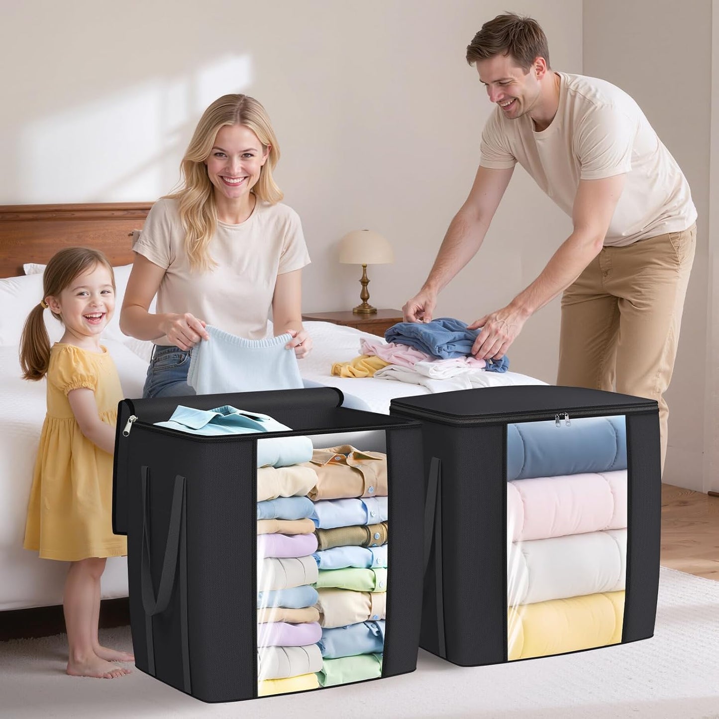 120L Extra Large Clothes Storage Bags, Foldable Blanket Storage and Organization, Thick Fabric Containers with Reinforced Handles & Zippers for Clothing, Comforters, Bedding, Black, 6 Pack