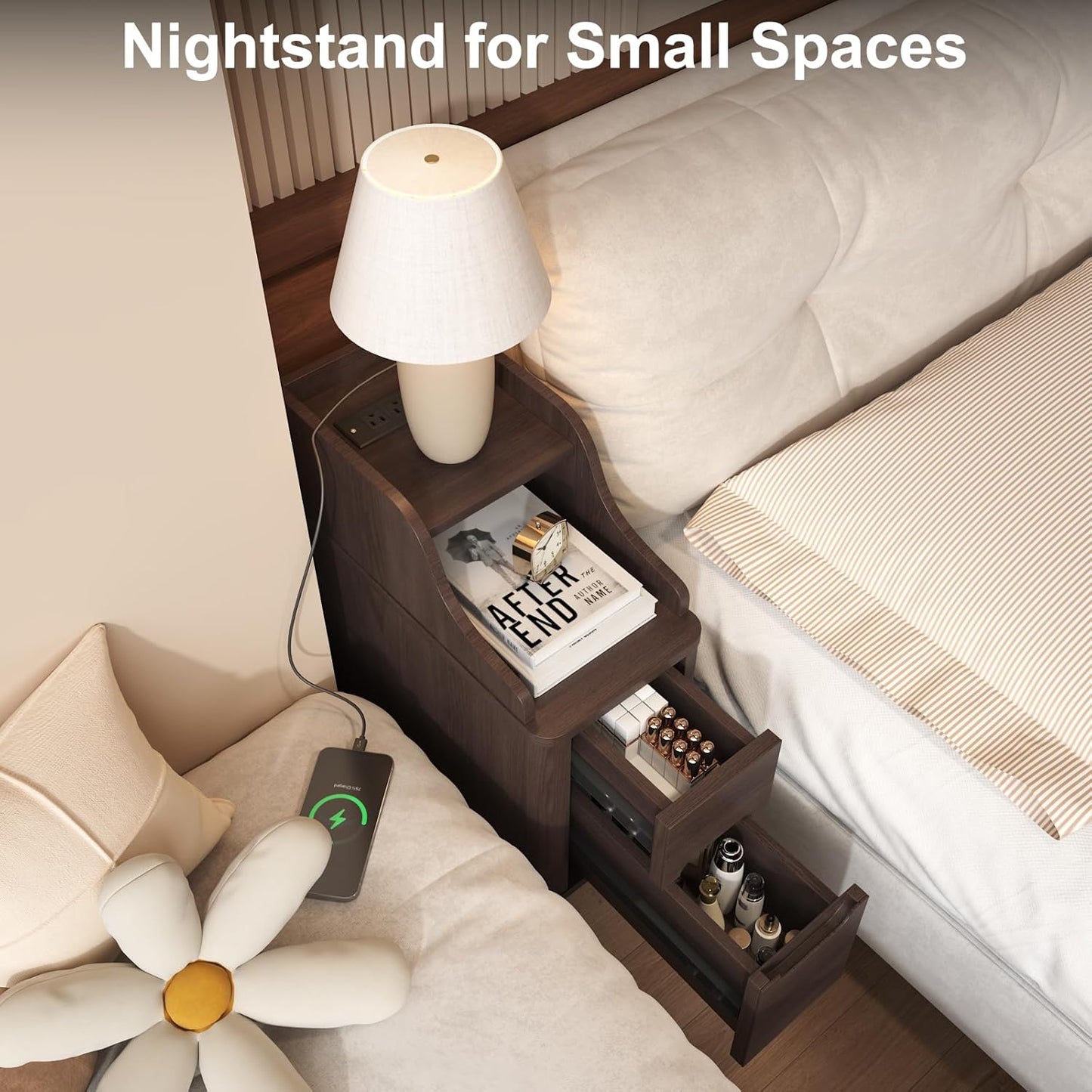 Narrow Nightstand with Drawers, Wood Night Stand with Charger Station, Narrow Bedside Table Modern Side Table Skinny End Table for Bedroom, Brown