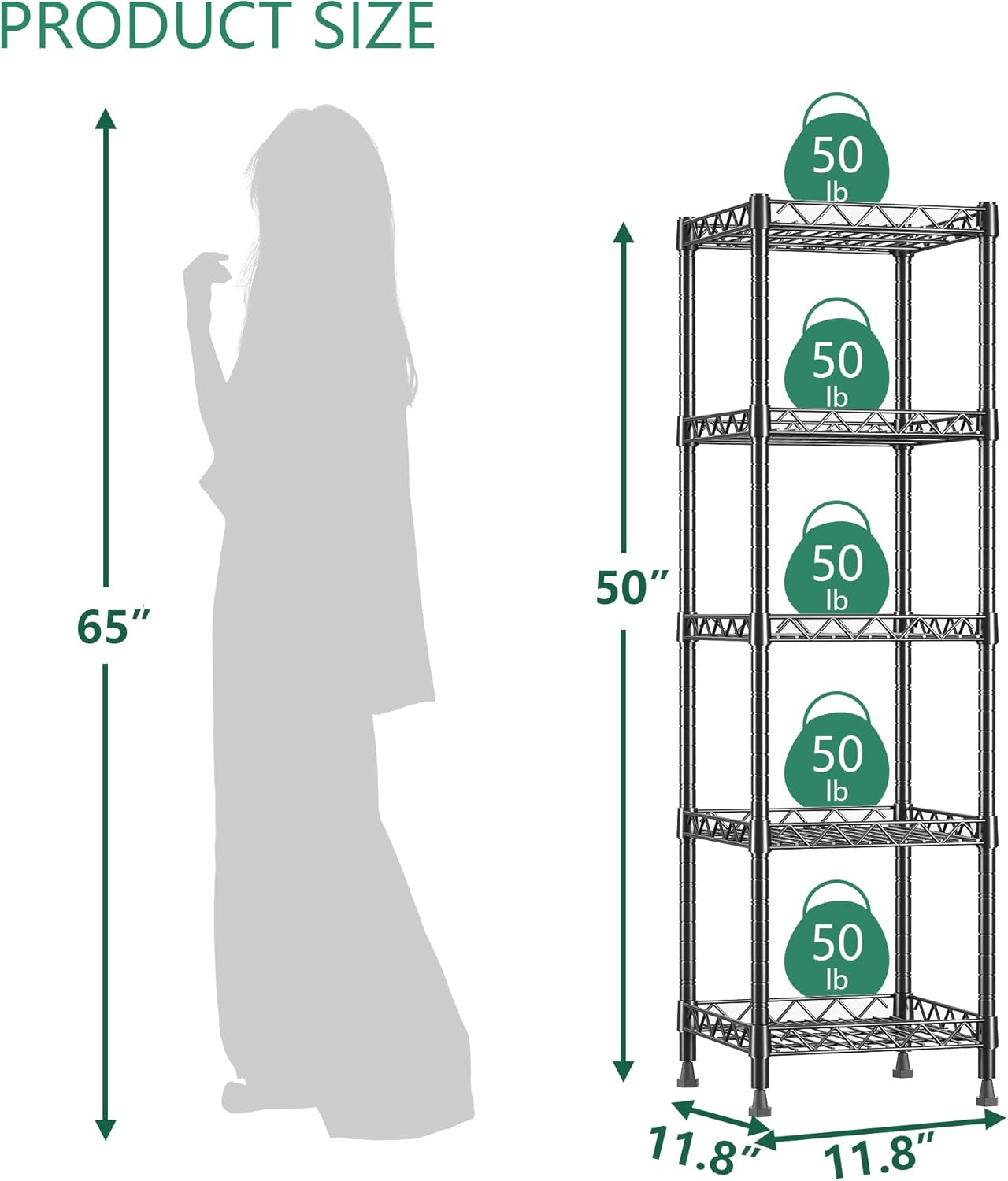 GIOTORENT 5 Tier Standing Shelving Metal Units, Adjustable Height Wire Shelf Display Rack for Laundry Bathroom Kitchen 11.8 W x 11.8 D x 50 H (5-Tier, Black)